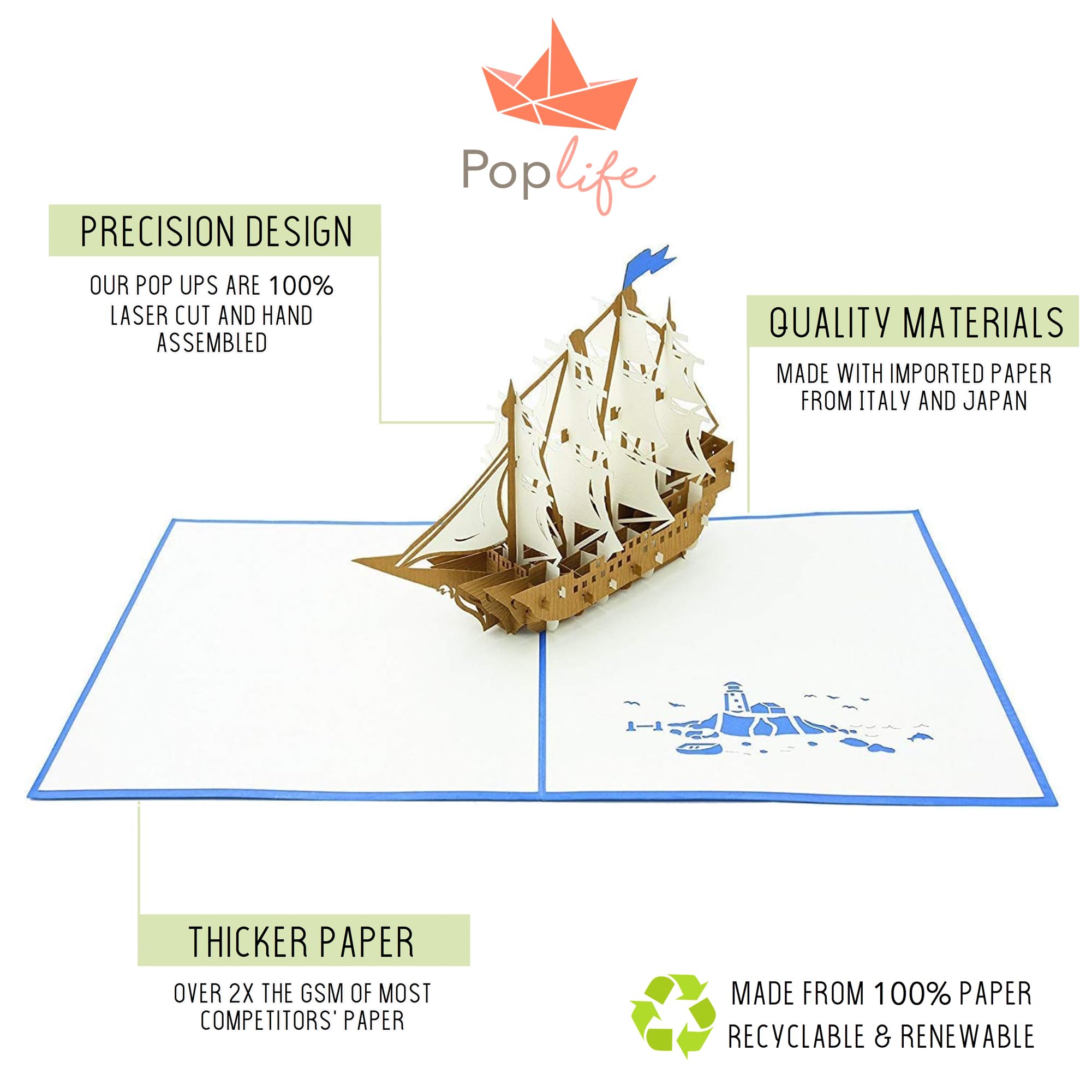 Carte Pop-up 3D Bateau à Voile - Carte De Vœux Originale Pour Anniversaire, Fête Des Pères, Mariage, Etc. - 15,2x19,1 Cm, Vierge à L'intérieur