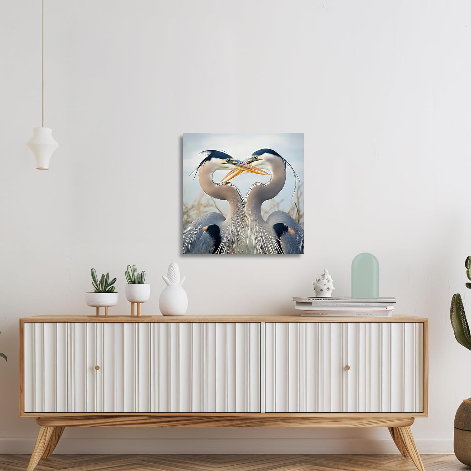 XLMDYYSW Blue Heron Wall Art Heron Couple Pictures Coastal Crane Painting Seaside Love Birds Canvas Prints Ocean Wild Animal Artwork Bathroom Decor Framed (Blue, 16L x 16W)