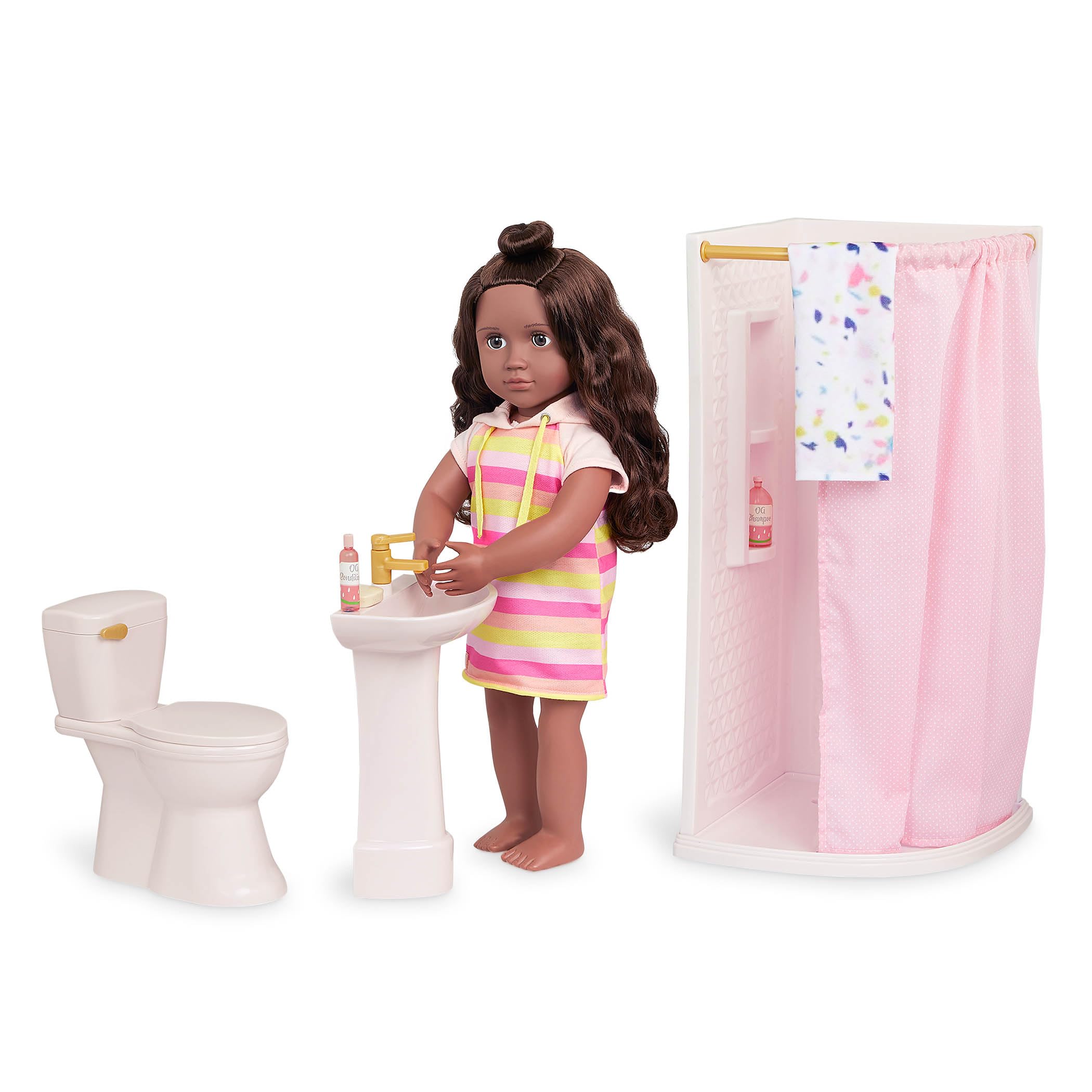 Our Generation Sweet Bathroom zestaw mebli łazienkowych dla lalek 46 cm – w zestawie wanna, umywalka, toaleta i akcesoria – meble dla lalek do fantazyjnej zabawy