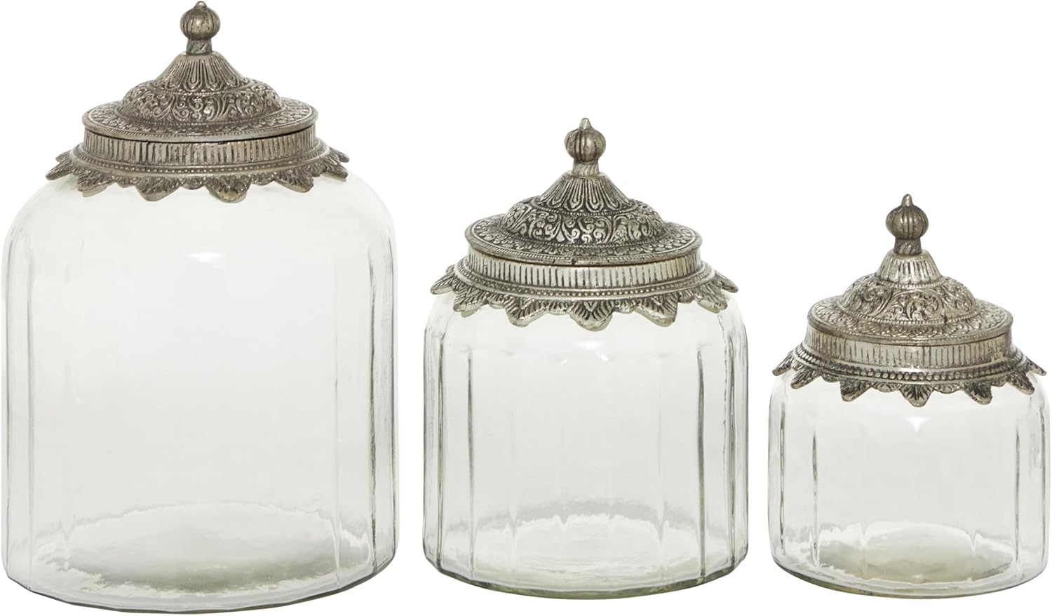 Deco 79 Glass Living Room Decorative Jars Decorative Container with Engraved Silver Lids, Set of 3 Jar with Lid 6", 7", 9"H, Clear