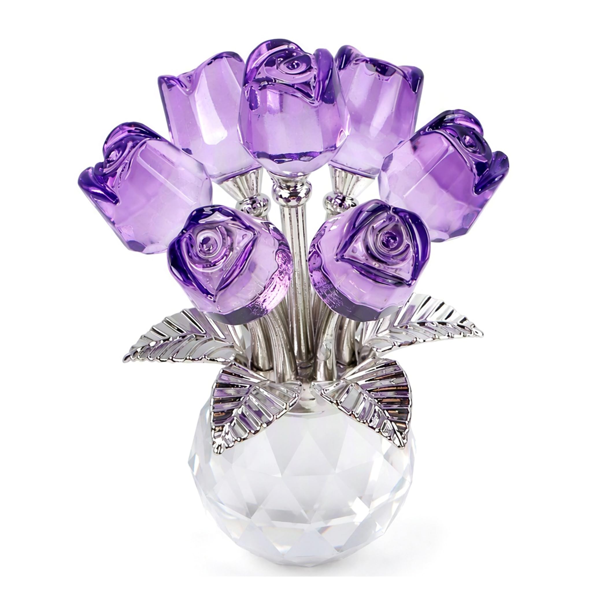 Crystal Purple Rose Bouquet Figurine, Premium Glass Flowers Ornaments