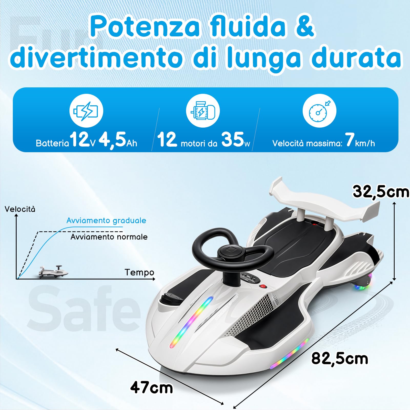 LALAHO Macchina Elettrica Per Bambini 12 V con Pedale, 2 in 1 Auto Elettrica con 2 Velocità, Luci LED, Protezione Antiribaltamento, ruote luminose, per bambini dai 3 anni in su (Bianco-Nero)
