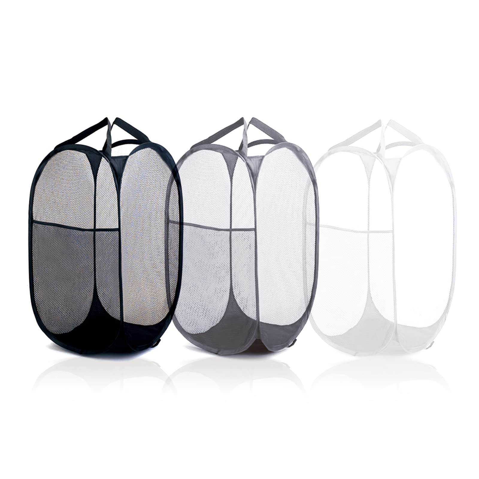 UESDU Mesh Laundry Basket, 3 Pack Pop Up Laundry Hamper Collapsible Laundry Basket with Durable Handles Black White and Grey Folding Washing Basket for Home Clothes Tidy Storage