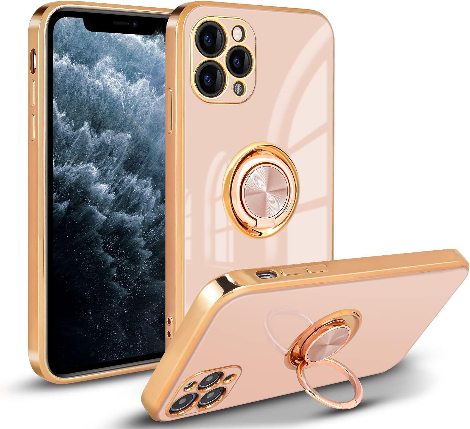 Newseego Case Compatible with iPhone 11 Pro,Electroplated Soft Silicone Shockproof iPhone 11 Pro Protective Cover,360 Degree with Rotation Magnetic Car Finger Ring Holder for iPhone 11 Pro-Light Pink