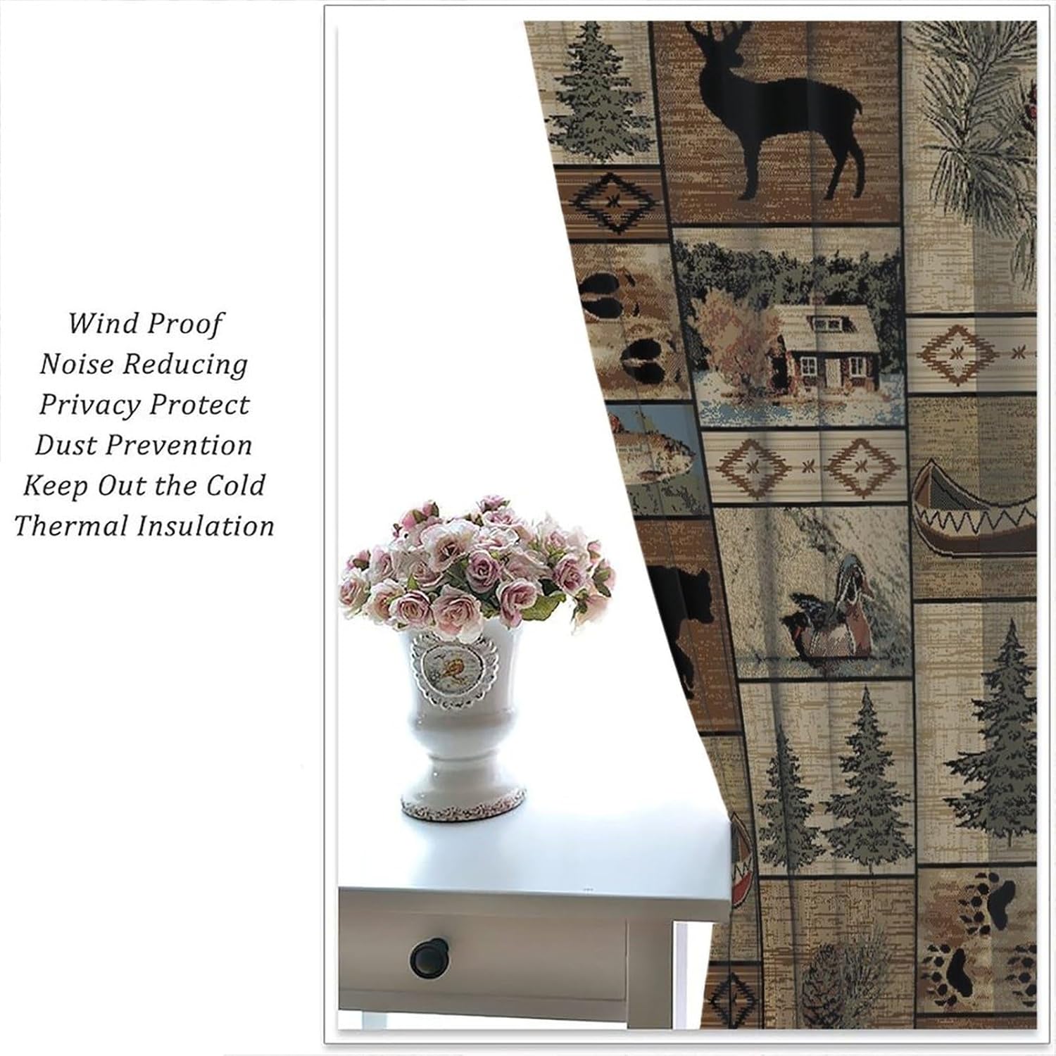 Rustic Cabin Curtain，Vintage Cottages Animal Deer Moose Bear Country Blackout Curtain for Bedroom Living Room Kitchen Window Drapes Set 2 Panels,72x63 Inches