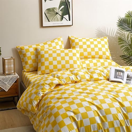 Miniatura 3 de Cottonight Juego de edredón amarillo tamaño Queen, juego de ropa de cama a cuadros con patrón de cuadros amarillo brillante y blanco, edredón suave