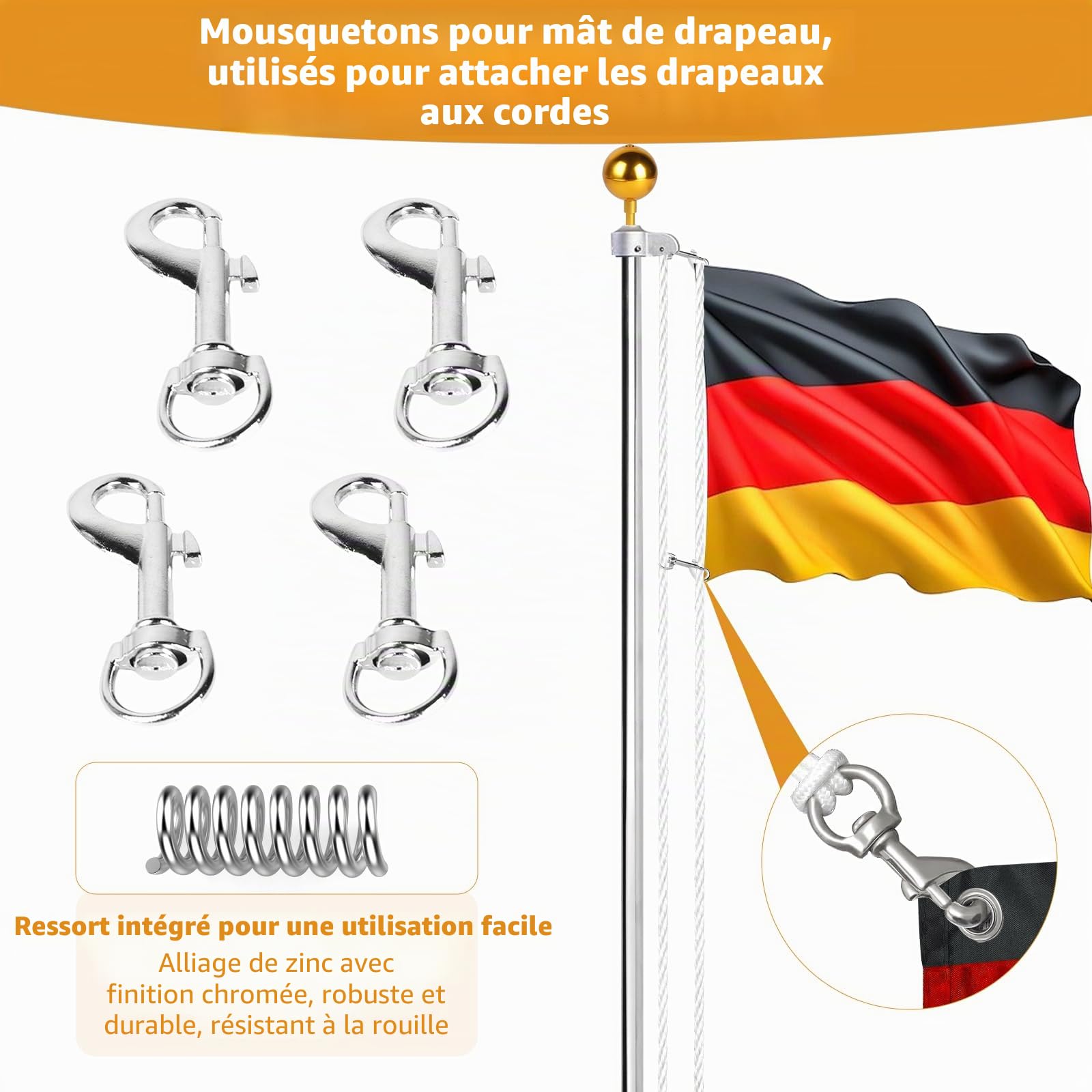 DBREAKS Kit D'accessoires pour Mât de Drapeau, Kit de Pièces de Réparation avec Pointe de Boule Dorée, Ø 5,1 cm Topper avec Poulie, Corde en Nylon de 15 m, Mousqueton, Taquet, pour Déco Maison, Doré