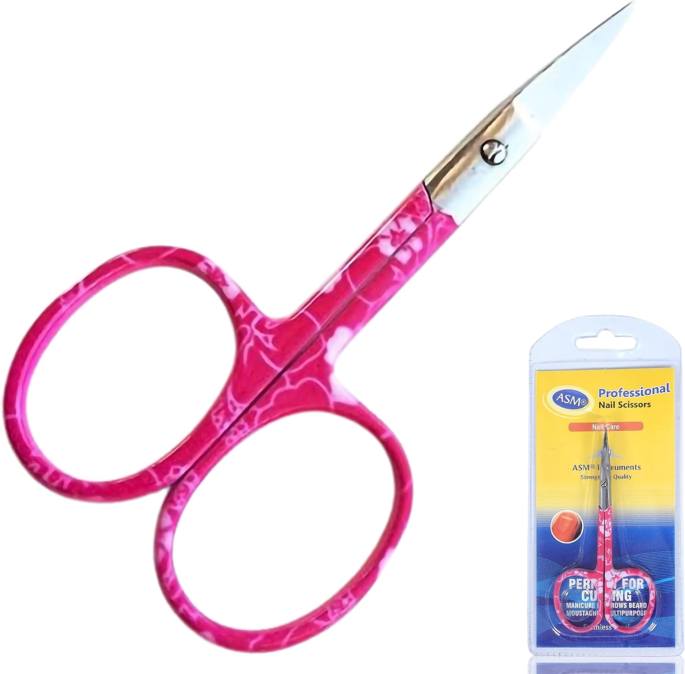 ASM Professional Nail Scissors Curved Manicure Cuticle Scissors - Heavy Duty Cuticle Trimmer for Eyebrow, Beard, Nose Hair Trimming - Beauty Scissor Gifts for Women & Men (Pink)