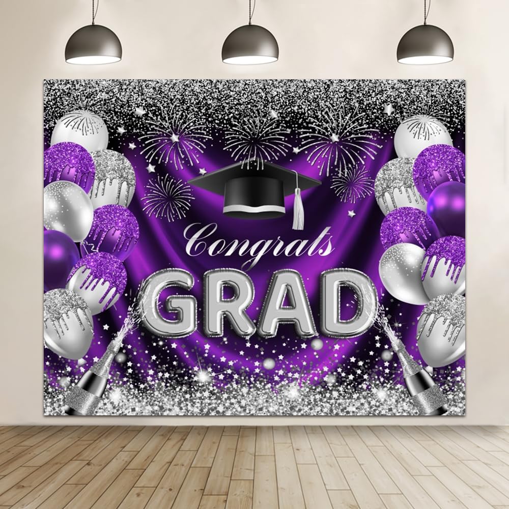 Gratulacje z okazji ukończenia szkoły, fotografia, 3 x 2 m, winyl, fioletowy, srebrny, brokatowy, balon, dekoracje imprezowe, sesja zdjęciowa, fotobudka, tło, baner, rekwizyty do budki fotograficznej