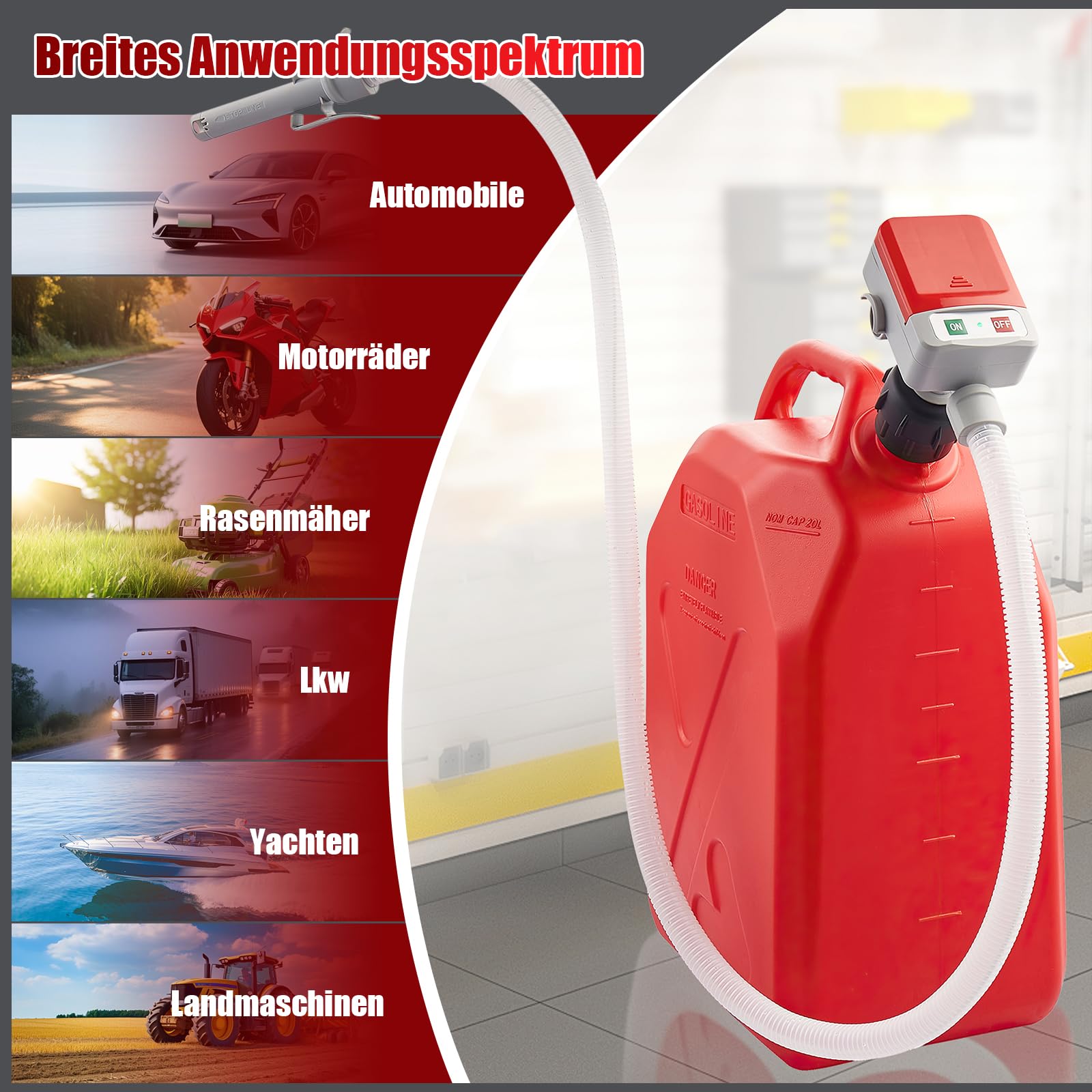 Pompa di Trasferimento del Carburante con Sensore di Arresto Automatico,Pompa Travaso Gasolio con 4 Dimensioni Adattatore Serbatoio,Pompa Travaso Liquidi Portata fino a 9 litri/minuto