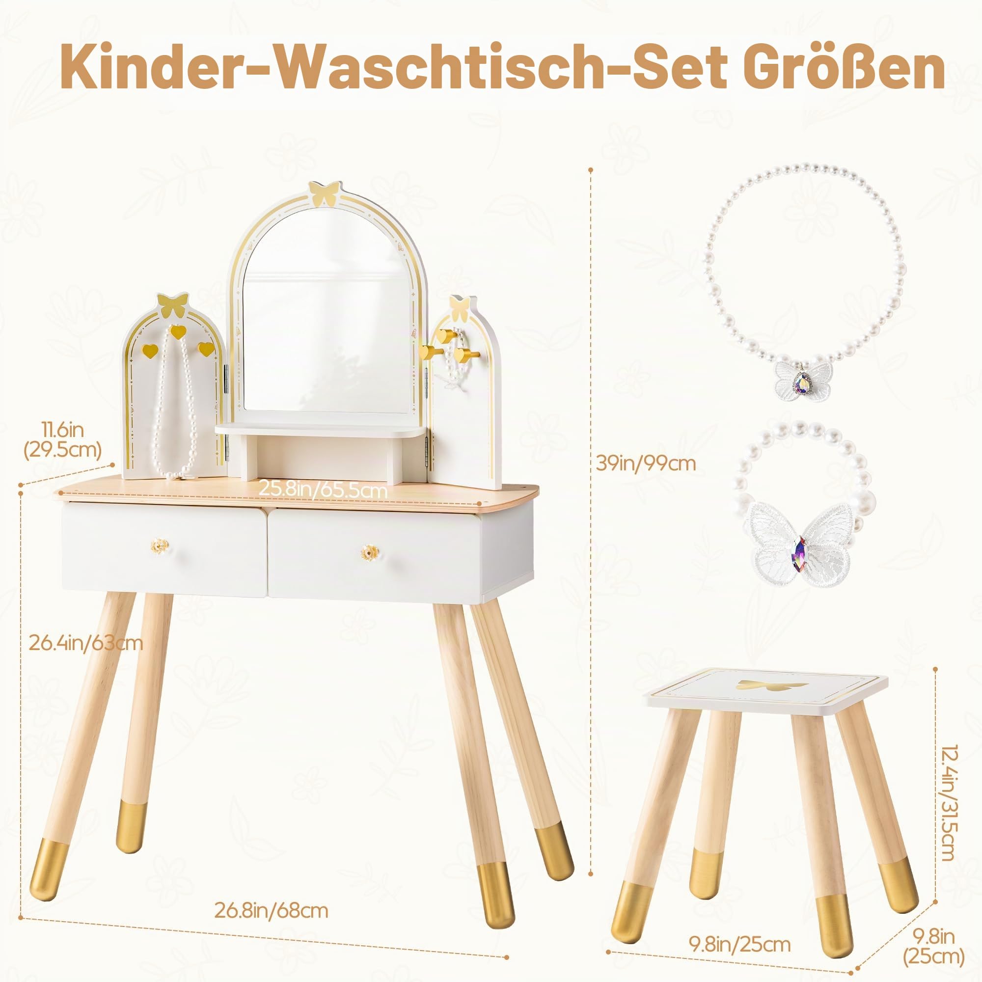 ROBUD Kinder Schminktisch mit Hocker: Mädchen kinderschminktisch mit Spiegel, Rollenspiel Schminktisch für Kinder, Frisiertisch mit Schublade und Zubehör für Kinderschminke, ab 3 Jahren （Weiß-golden）