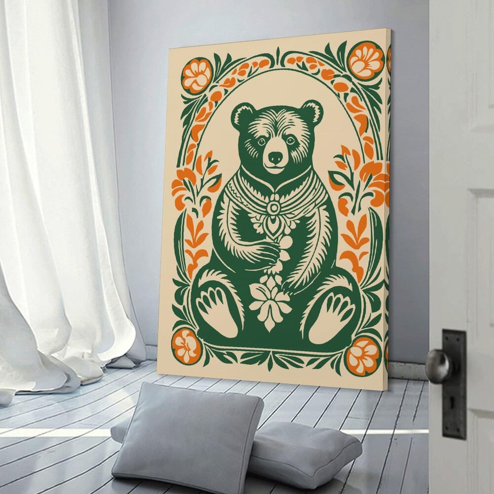 Junmoney Ornate Bear Illustration Wall Art Print 16x24inch(40x60cm), for Hallway, Entryway Or Landing, Wall Decor to Refresh Empty Corners, for Cosy Room Updates