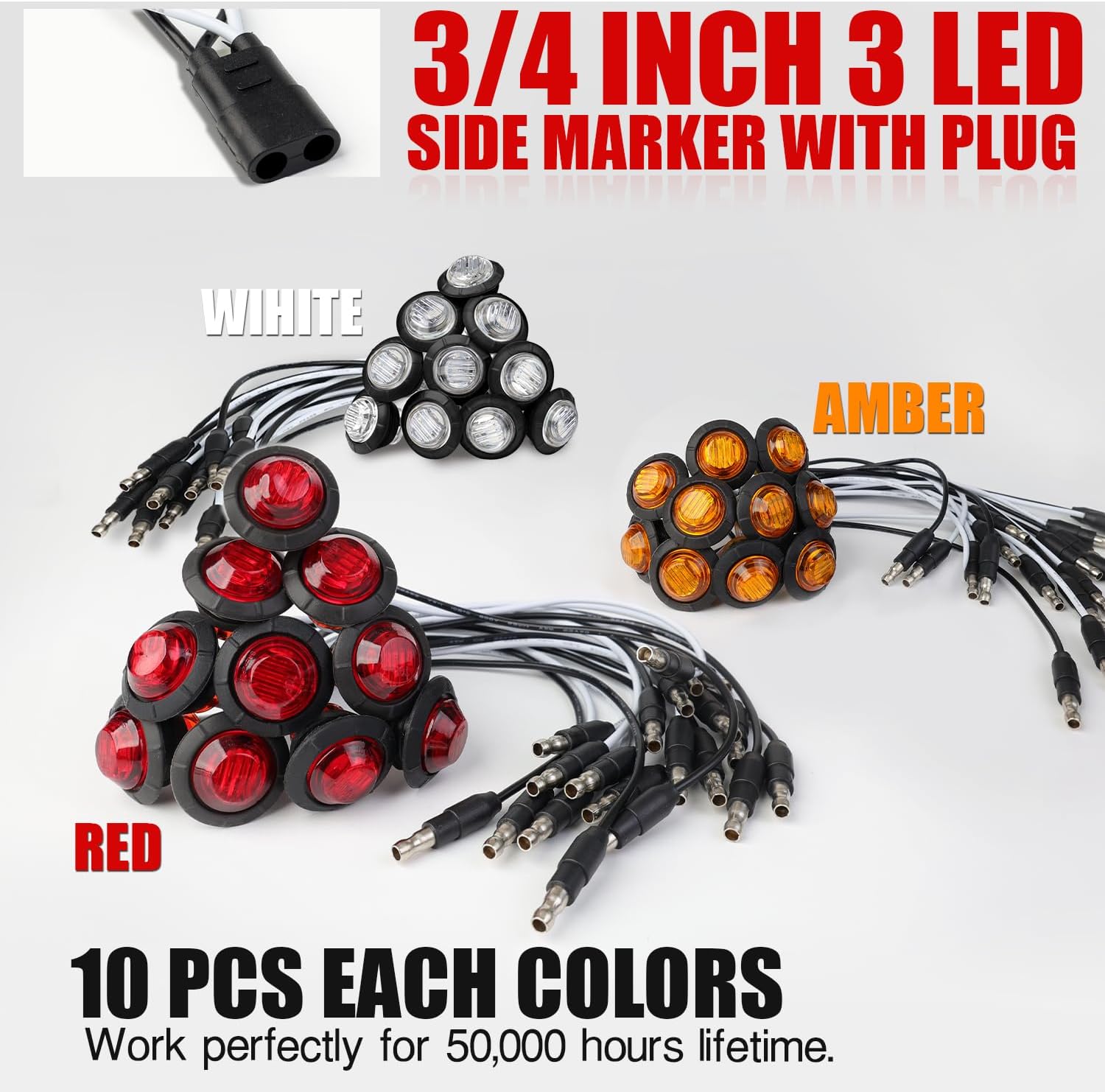 TMH 30 Pcs of 3/4 Inch LED Marker 10 Amber + 10 Red + 10 White Light with Connector Plug Clearance Bullet Side Marker Indicator Light Universal Fits RV, Boat, Pickup Truck 12V DC