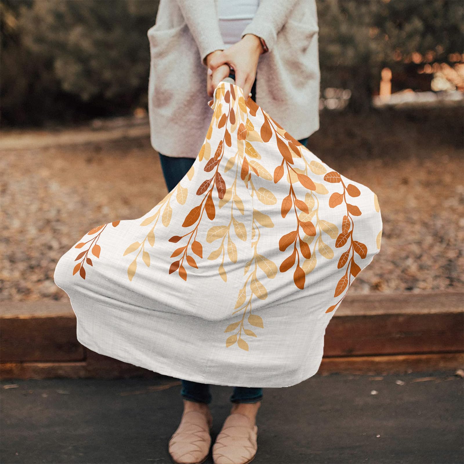 Nursing Cover for Breastfeeding Scarf, Retro Light Yellow Silhouette Orange Leaves Baby Car Covers Super Soft Multi Use for Canopy Shopping Cart Cover Blanket Stroller Cover