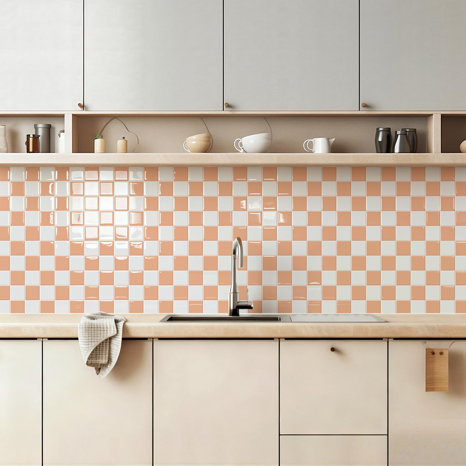 Alwayspon 30x30cmx10Pcs 3D Checkerboard Vinyl Peel and Stick Splashback Wall Tiles Sticker, Self-Adhesive Waterproof Tile Stickers Stick on Tiles for Kitchen Bathroom Wall, White Pink Orange