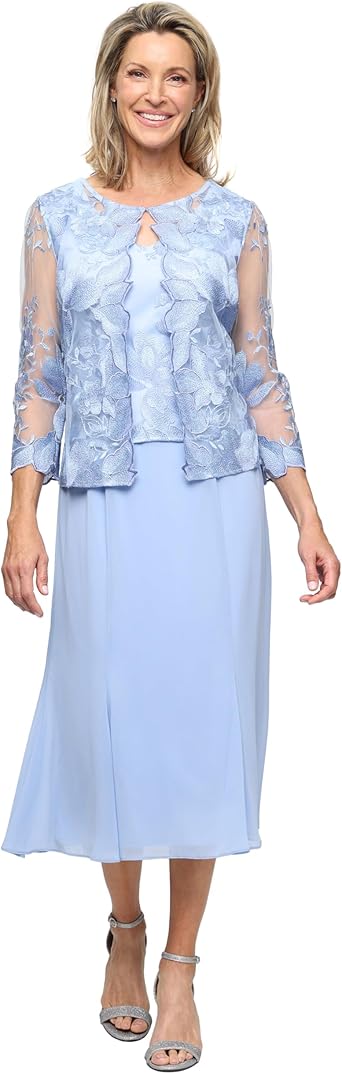 Alex Evenings Womens Tea Length Embroidered Bodice Mother of The Bride Gown, Wedding Guest Dress