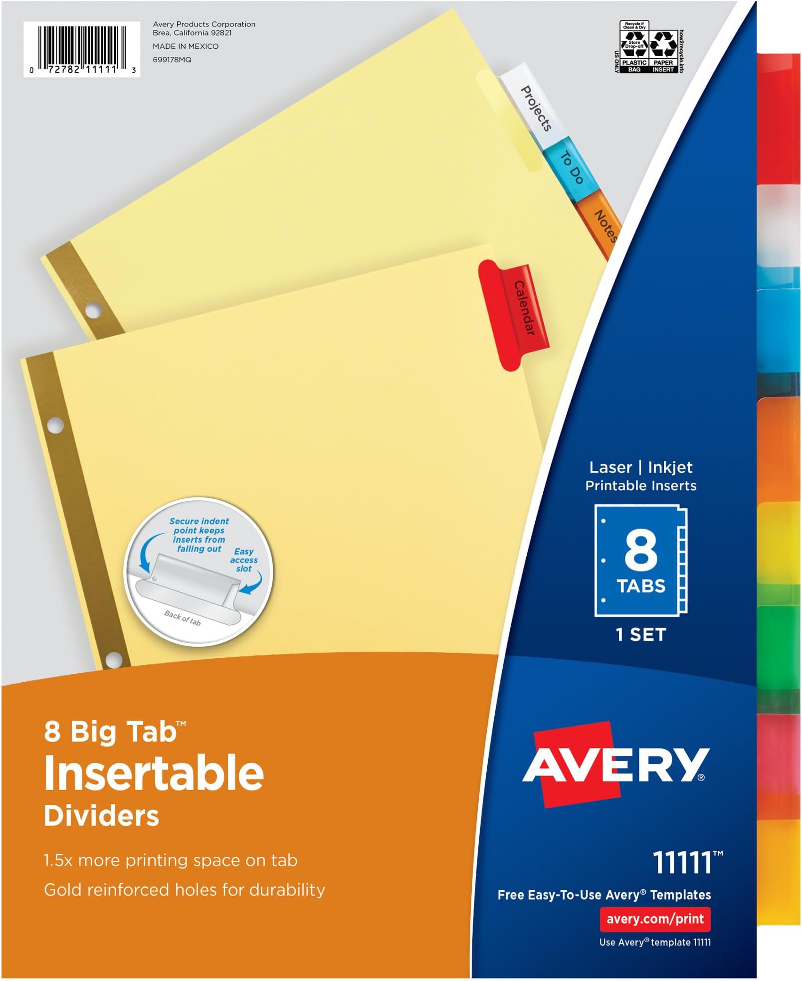 Avery Insertable Dividers for 3 Ring Binders, 8 Tabs per Set, Multicolor Big Tabs, Buff Paper with Gold-Reinforced Holes, Great for Organizing Reports, Projects, and More (11111)