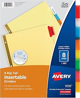 Avery Insertable Dividers for 3 Ring Binders, 8 Tabs per Set, Multicolor Big Tabs, Buff Paper with Gold-Reinforced Holes,