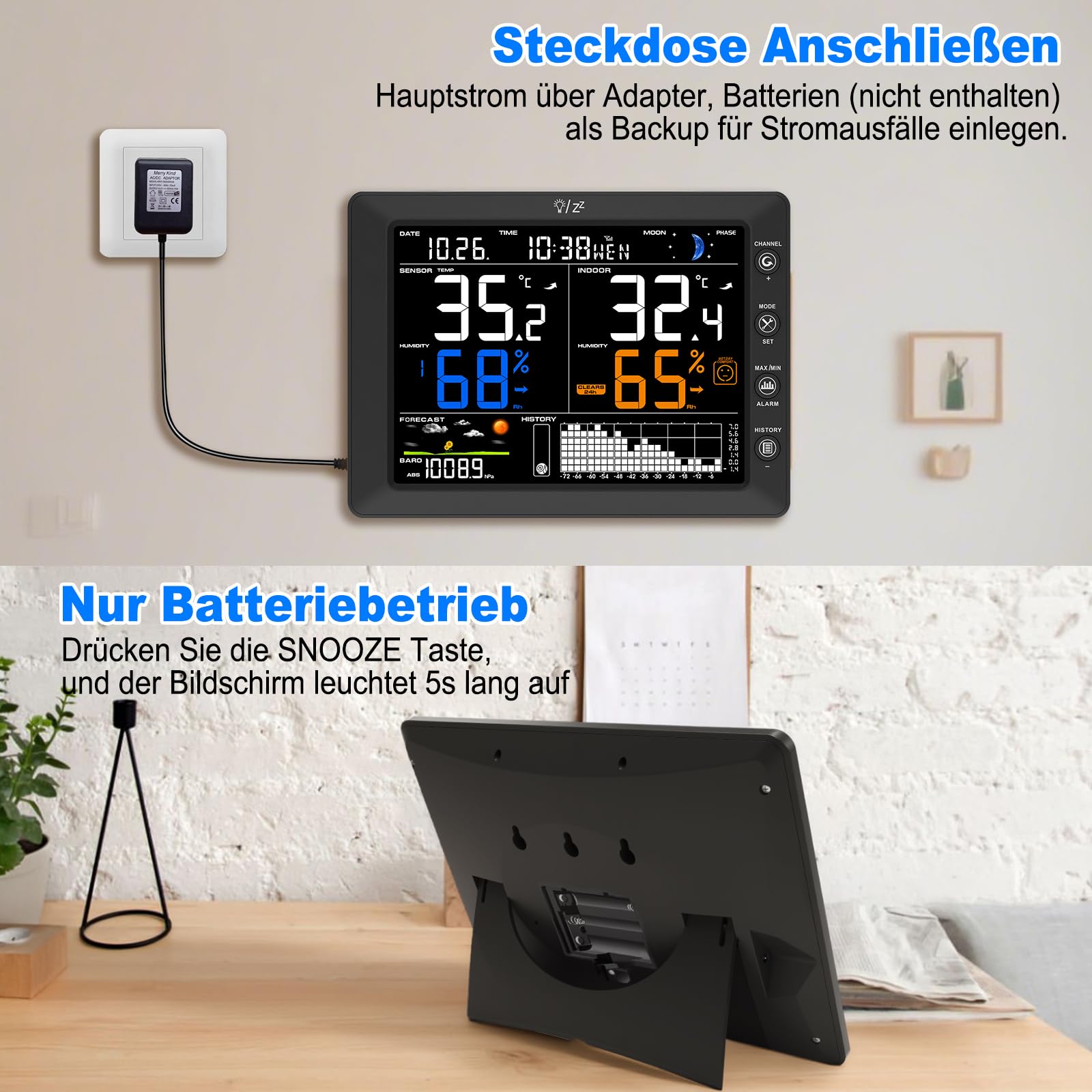 Urageuxy Wetterstation Funk mit Außensensor, 8,3 Zoll VA-Farbdisplay, DCF Funkuhr, Wettervorhersage, Innen- & Außentemperatur, Luftfeuchtigkeit, Luftdruck, 100 m Funkreichweite, für bis zu 8 Sensoren
