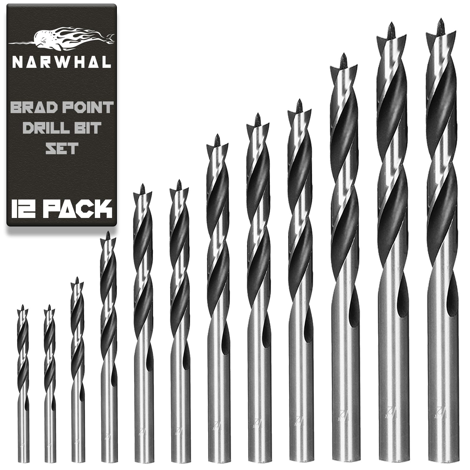 Brad Point - Juego de brocas para madera (12 unidades con estuche de almacenamiento, 1/8 a 1/2 pulgadas), brocas para carpintería para todo tipo de maderas