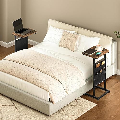 Miniatura 5 de HOOBRO Juego de 2 mesas auxiliares en forma de C, mesa auxiliar pequeña para sofá con bolsa de almacenamiento, deslizante debajo del sofá, mesa C