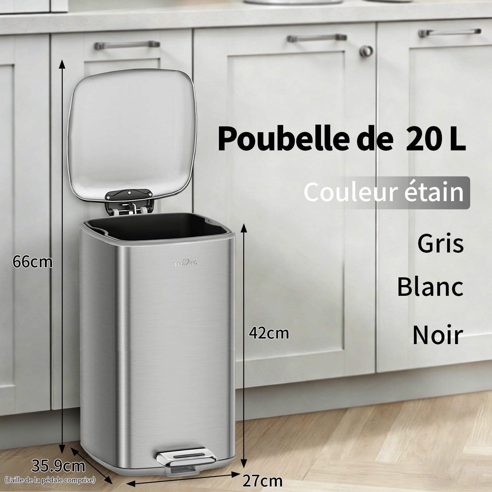 mVm Poubelle de cuisine, 20L avec Seau Intérieur,Poubelle à Pédale en Acier,Fermeture Douce et Maintien en Ouverture,pour cuisine, bureau, dortoir, maison, chambres