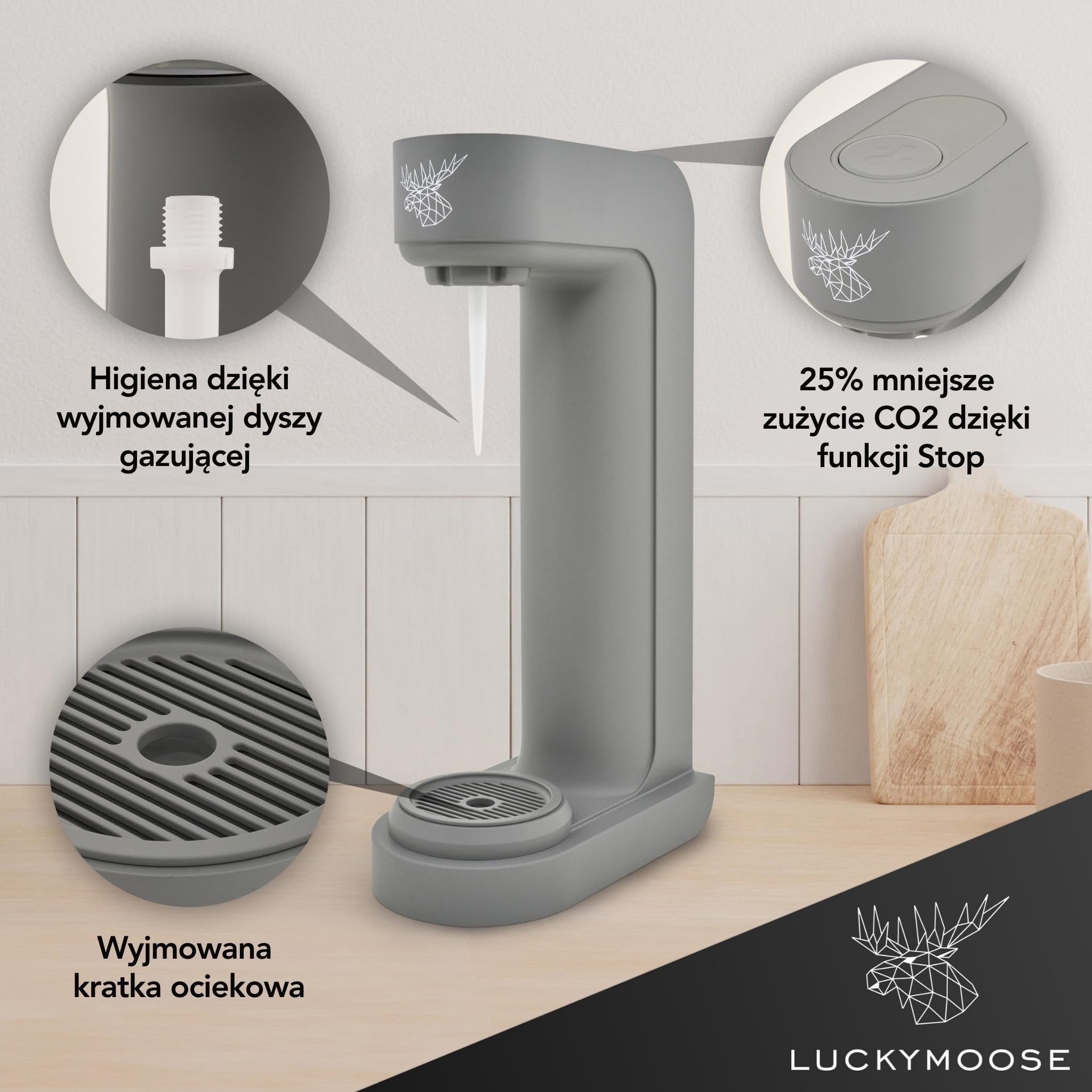 Luckymoose Infinity saturator do wody z 2x 1,25L trwałymi butelkami ze stali nierdzewnej do zmywarki – oszczędna maszyna do wody gazowanej – kompatybilny z niebieskimi cylindrami CO₂ 60l