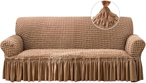 Funda elástica para sofá, lavable, protector de muebles con parte inferior elástica y falda para niños y mascotas (marrón, mediano)