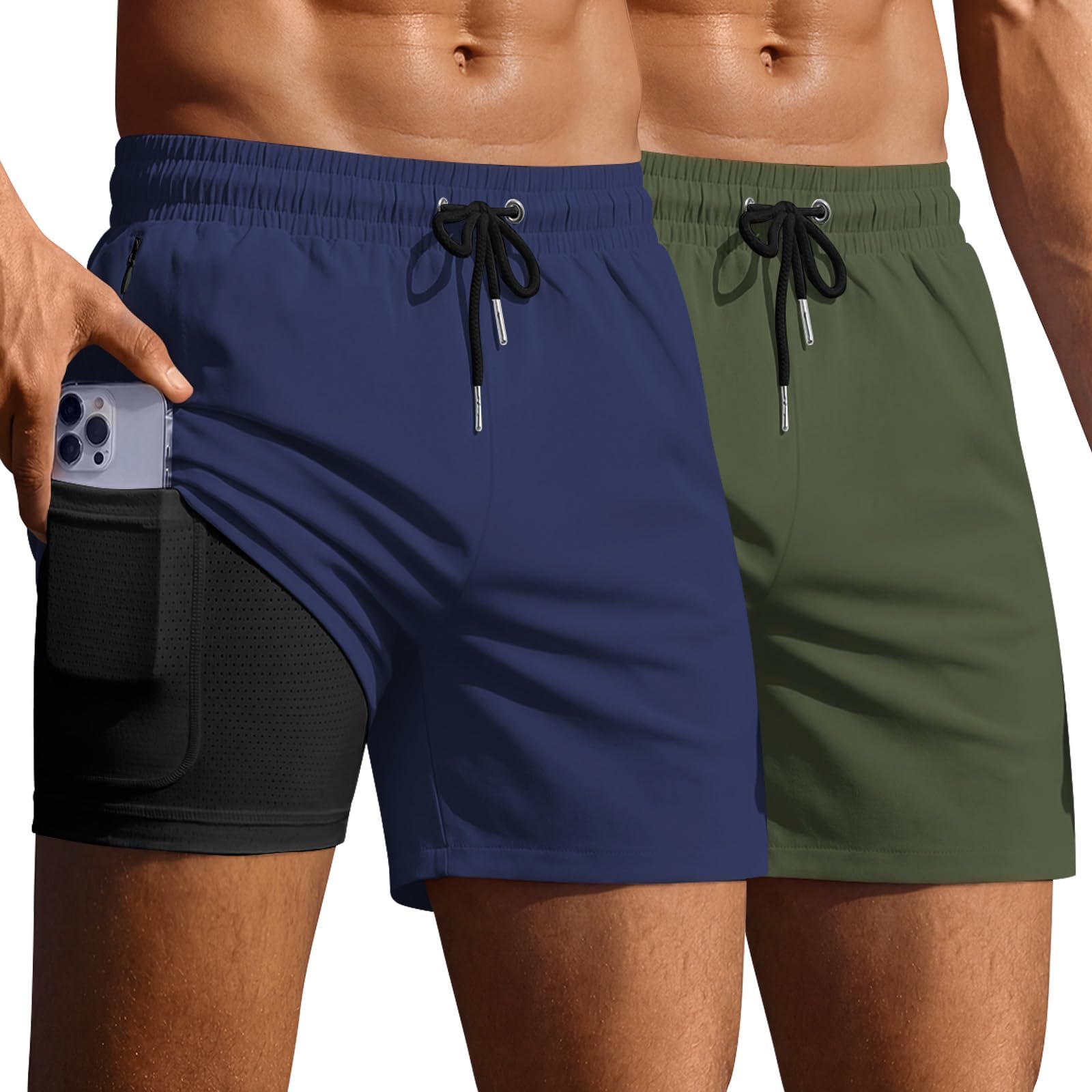 Ekouaer 2 Pack Men's Swim Trunks 5" with Compression Liner 2 in 1 Board Shorts Quick Dry Bathing Suit Swimwear Zipper Pocket — view 10