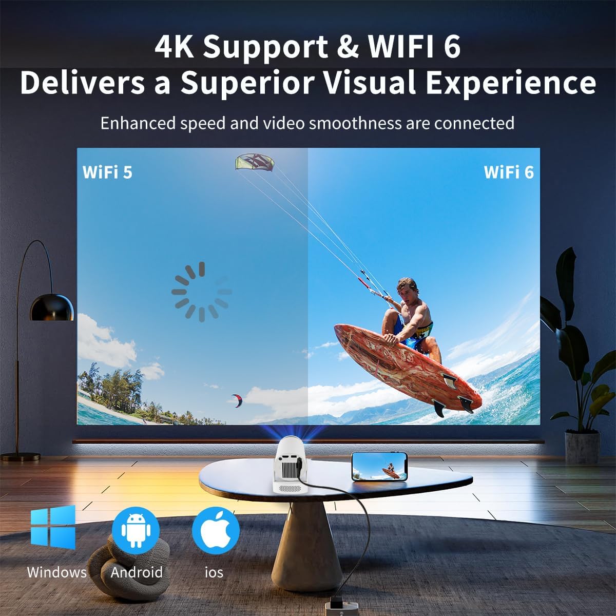 [Apps integradas & 2026 Upgraded] Proyector Portatil 4K, 1080P HD WiFi 6 BT 5.4, Compatibile con HDMI/USB/TV Stick/PS5/Laptop, Proyector para Movil Altavoz de 5W, Auto Keystone, Rotación de 180°