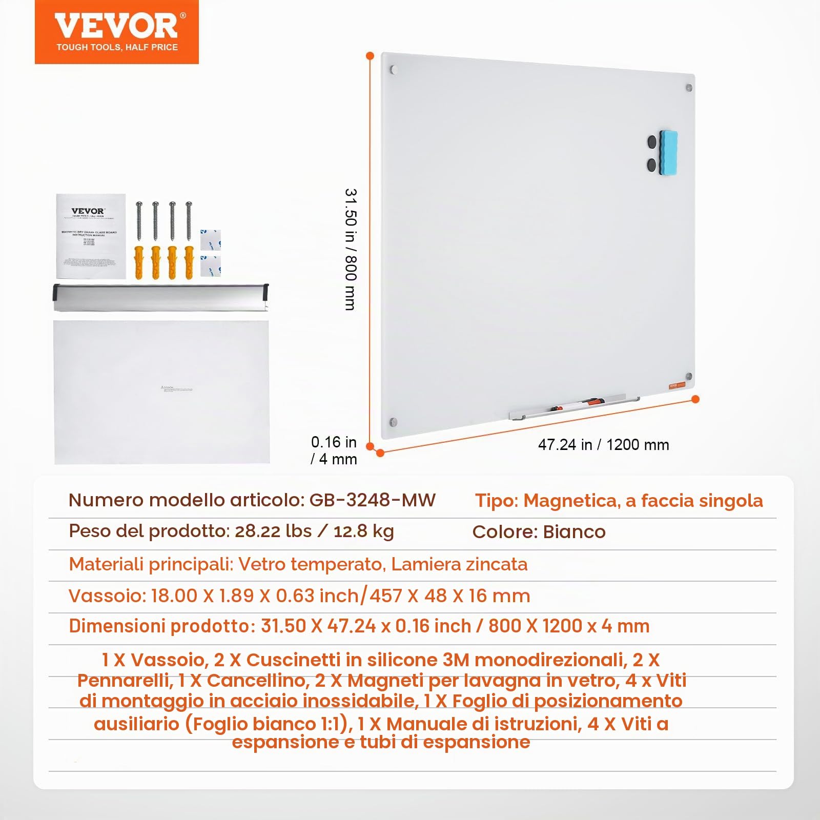 VEVOR Lavagna magnetica cancellabile a secco in vetro 120 x 80 cm, lavagna per promemoria da parete, con vassoio per pennarelli, gomma e 2 pennarelli, per ufficio scuola ristorante casa