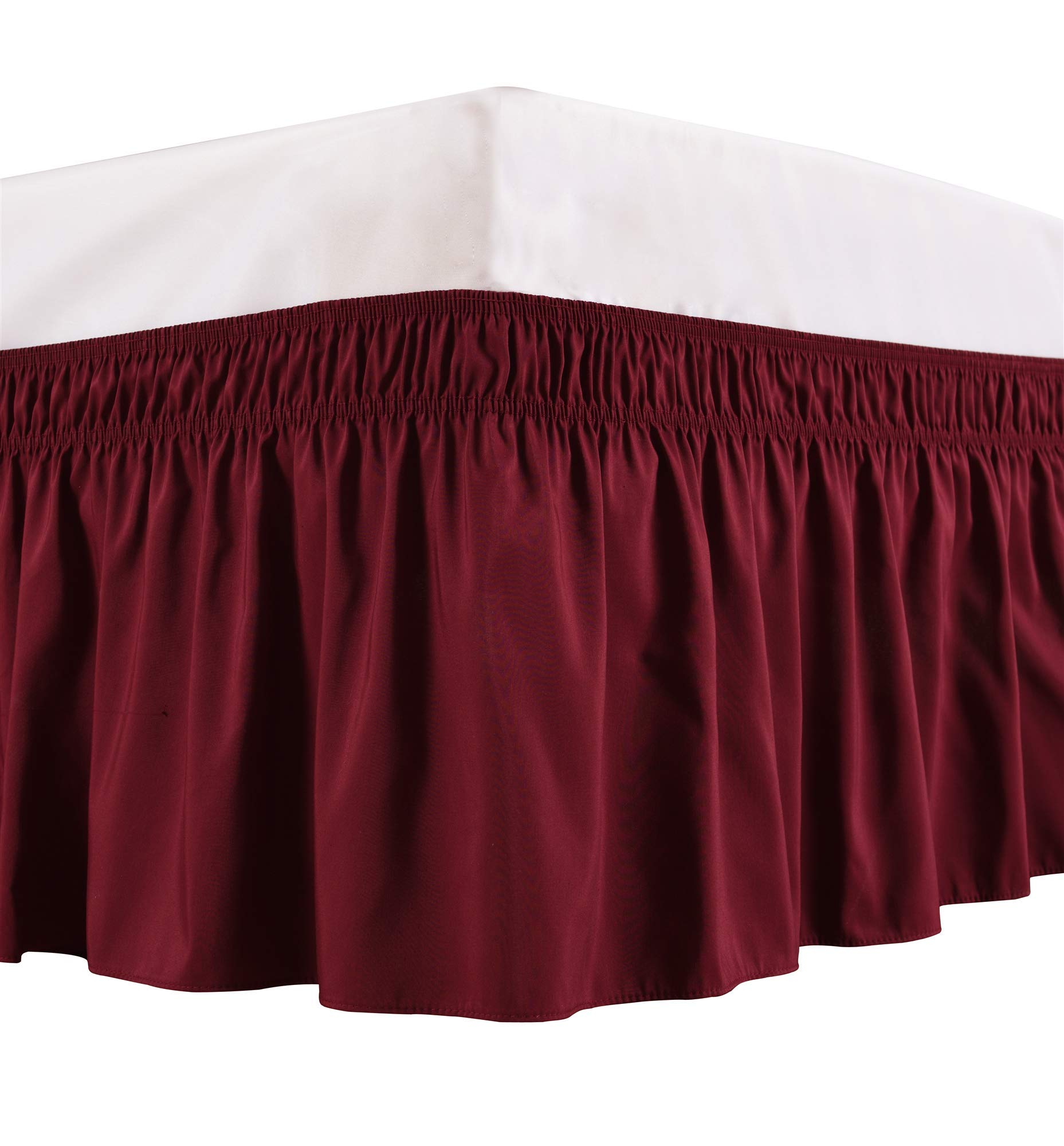 Wrap Around Bed Skirts Elastic Dust Ruffles, Easy Fit Wrinkle and Fade Resistant Silky Microfiber Fabric Solid Color Bedskirt, 12 Inch Tailored Drop Burgundy for Twin Size Bed Skirt
