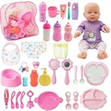 SOTOGO 34 Pieces Baby Doll Care Set Dolls Feeding and Changing Accessories Set Baby Dolls Accessories in Bag&comma; Without Doll
