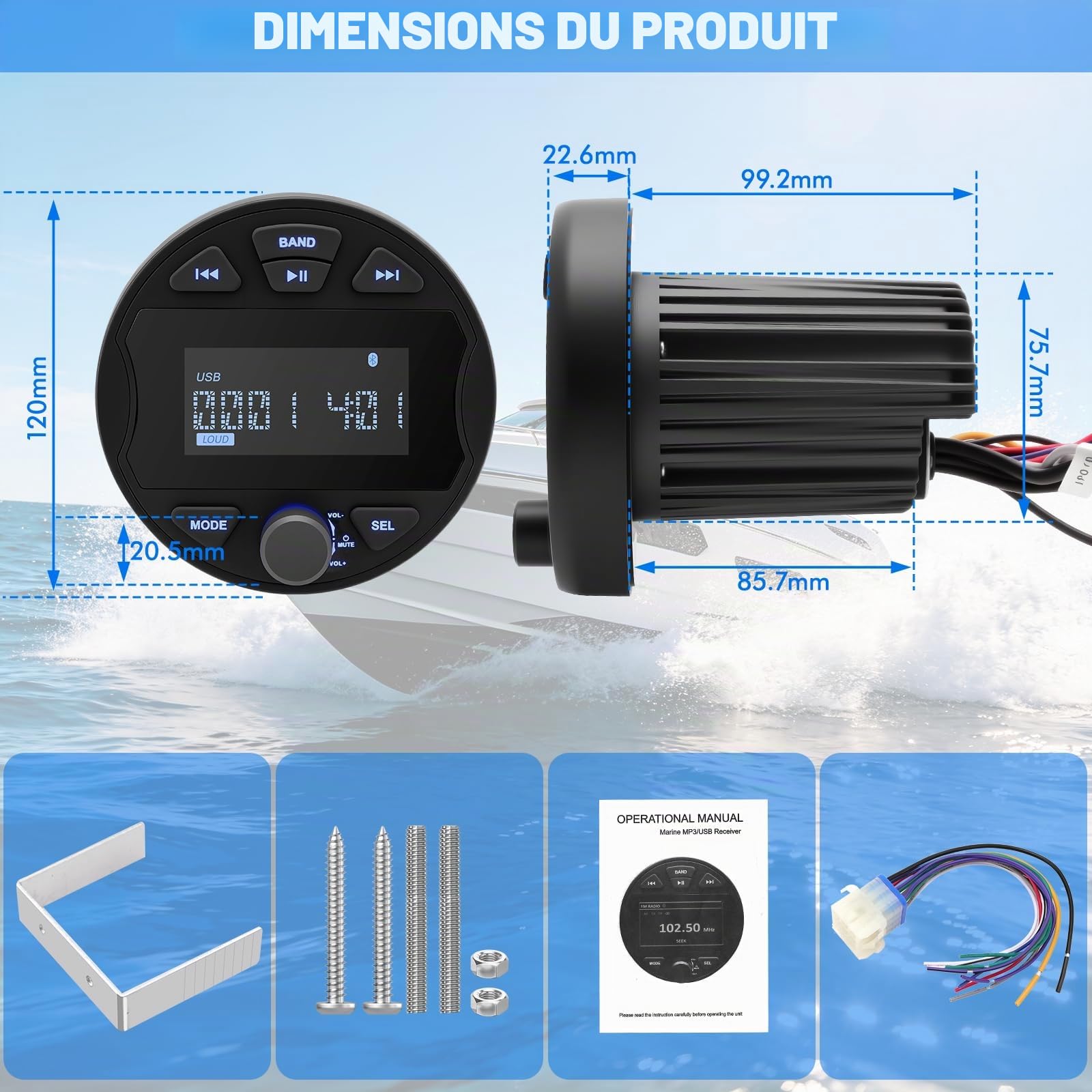 Récepteur stéréo Marin MP3 avec Fonction Radio numérique AM/FM, USB, BT et étanchéité IPX6, adapté pour Bateaux, péniches et Utilisation Professionnelle