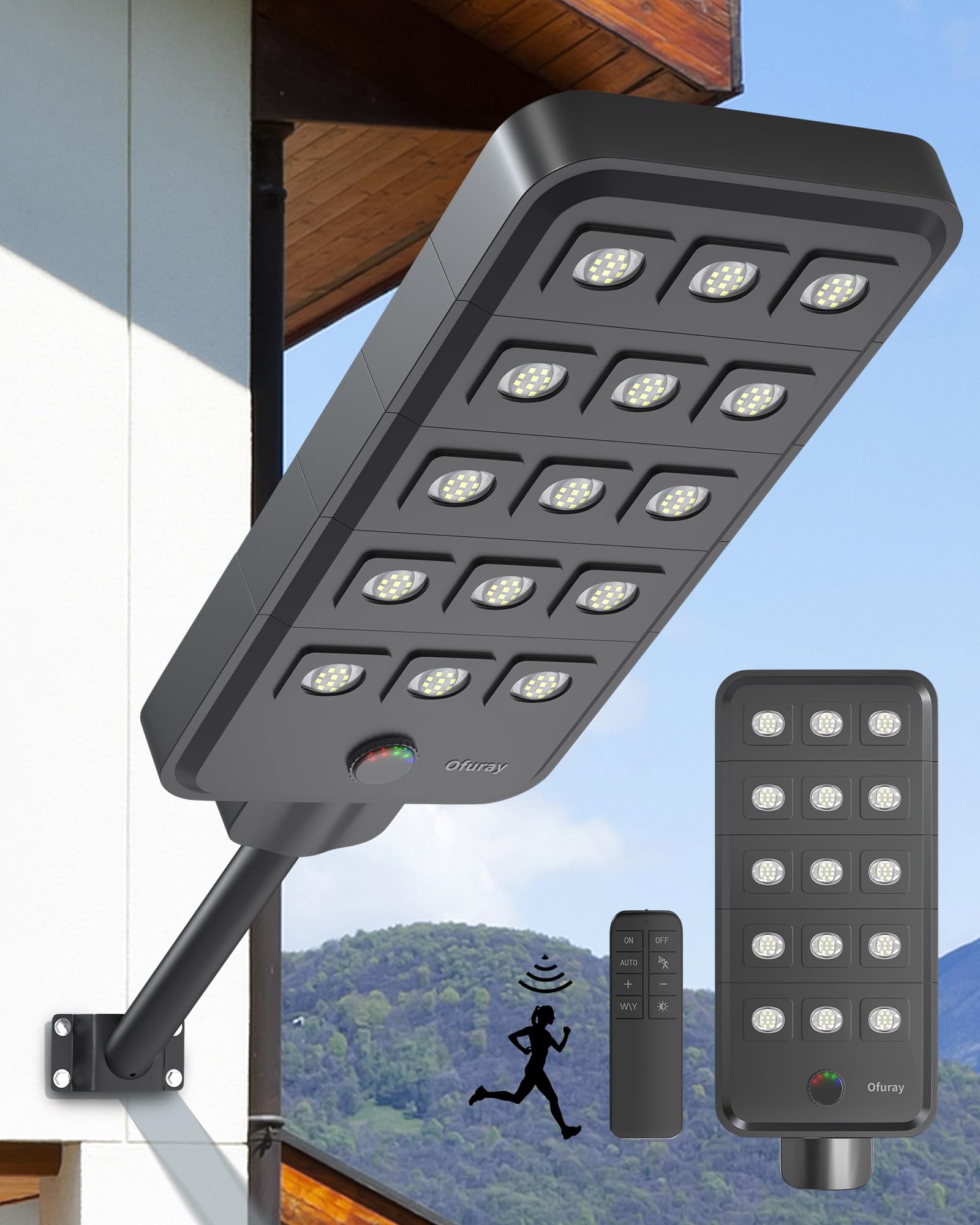 Ofuray Of-15000W Solar Straßenlaterne mit Bewegungssensor, 150 LEDs, 6500K, IP67 Wasserdichte, Solarstrahler Außen, Solarlampen für Außen für Gärten Garage Straßen