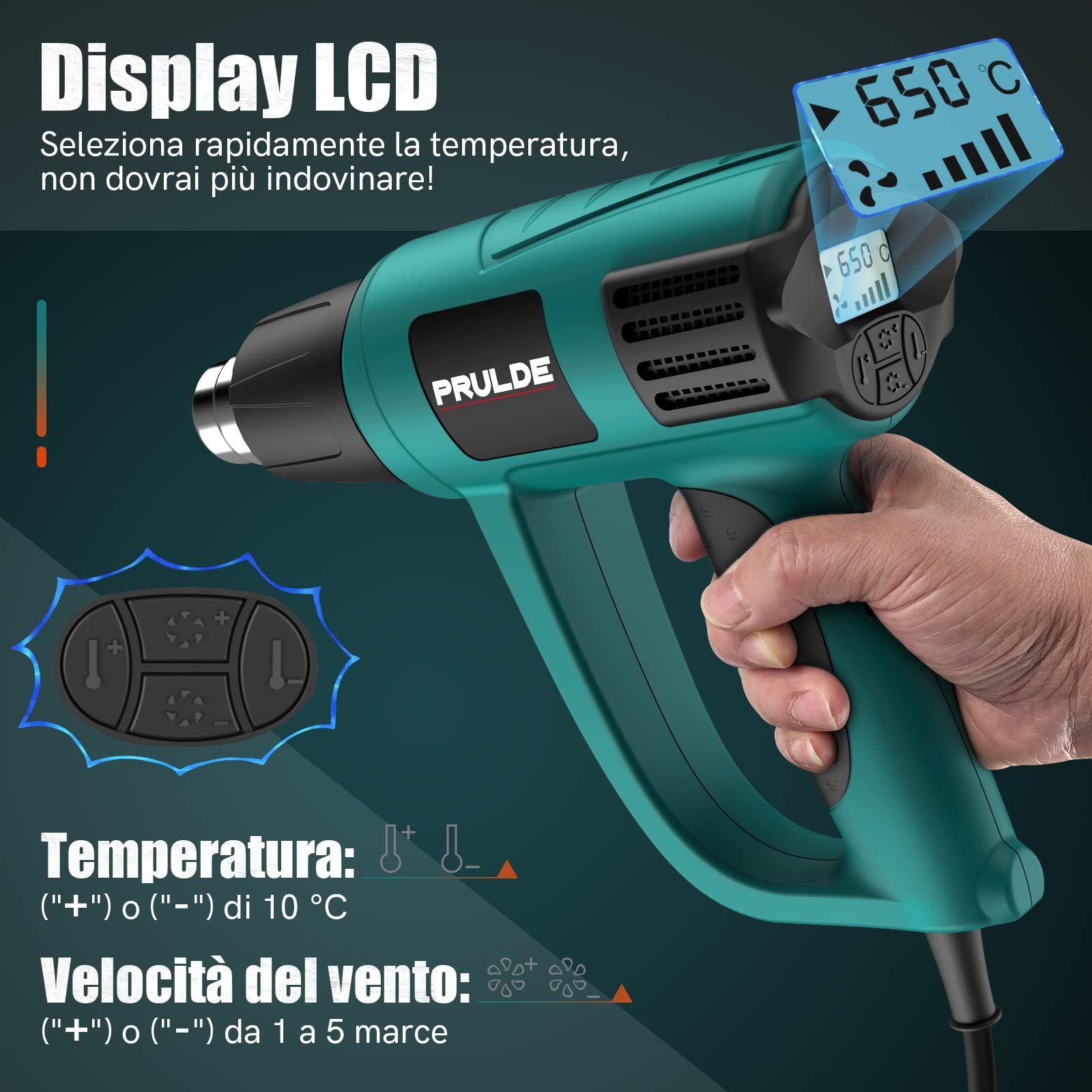 PRULDE Pistola Termica Elettrica, 2000W Pistola ad Aria Calda con Display Digitale LCD, Controllo Temperatura Variabile (50℃- 650℃) con 4 ugelli per rimozione vernice, saldatura e restringimento