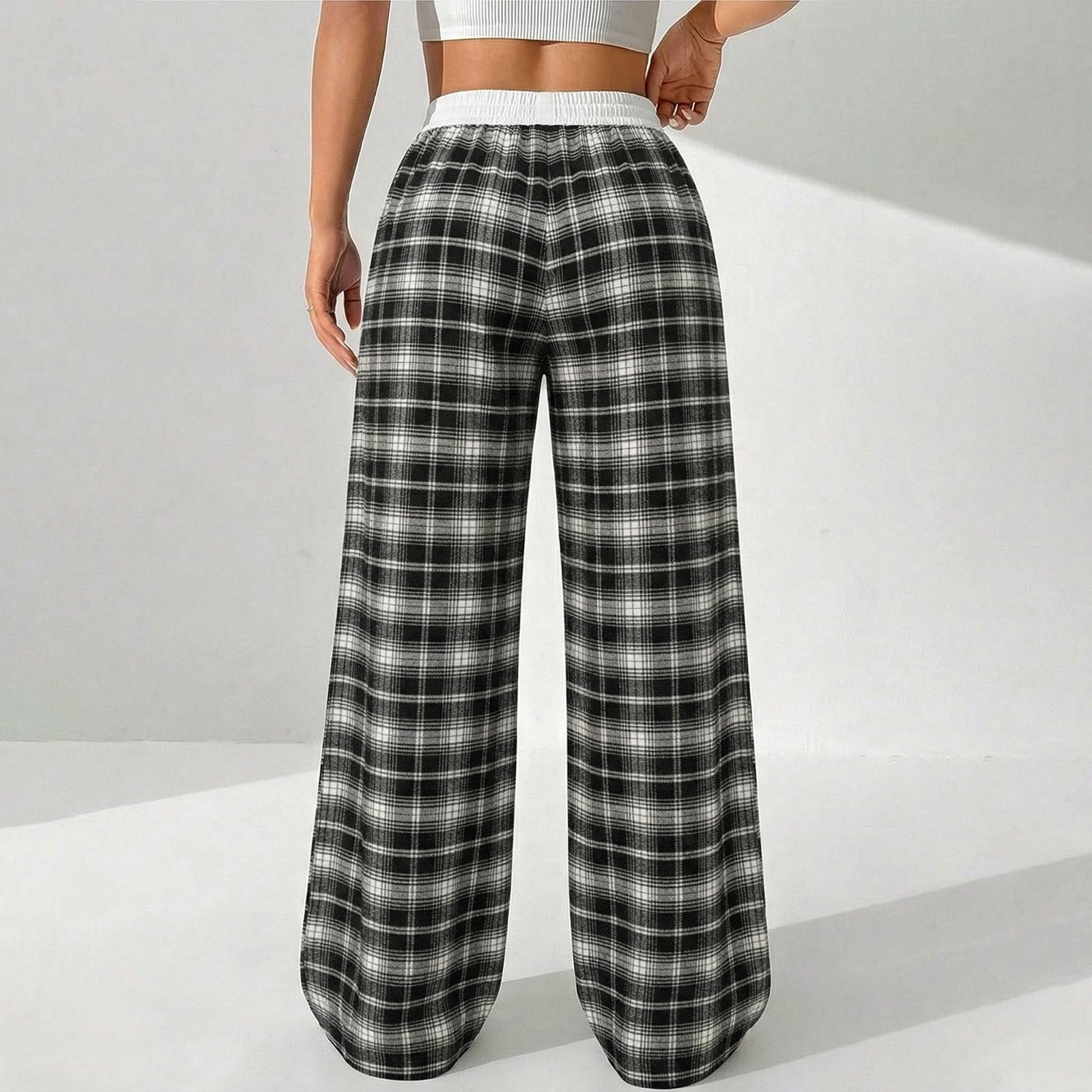 Linen Pants Women Summer Plus Size Patchwork Plaid Wide Leg Pants Baggy Lounge Trousers with Pockets Vintage Y2k Clothes — view 7