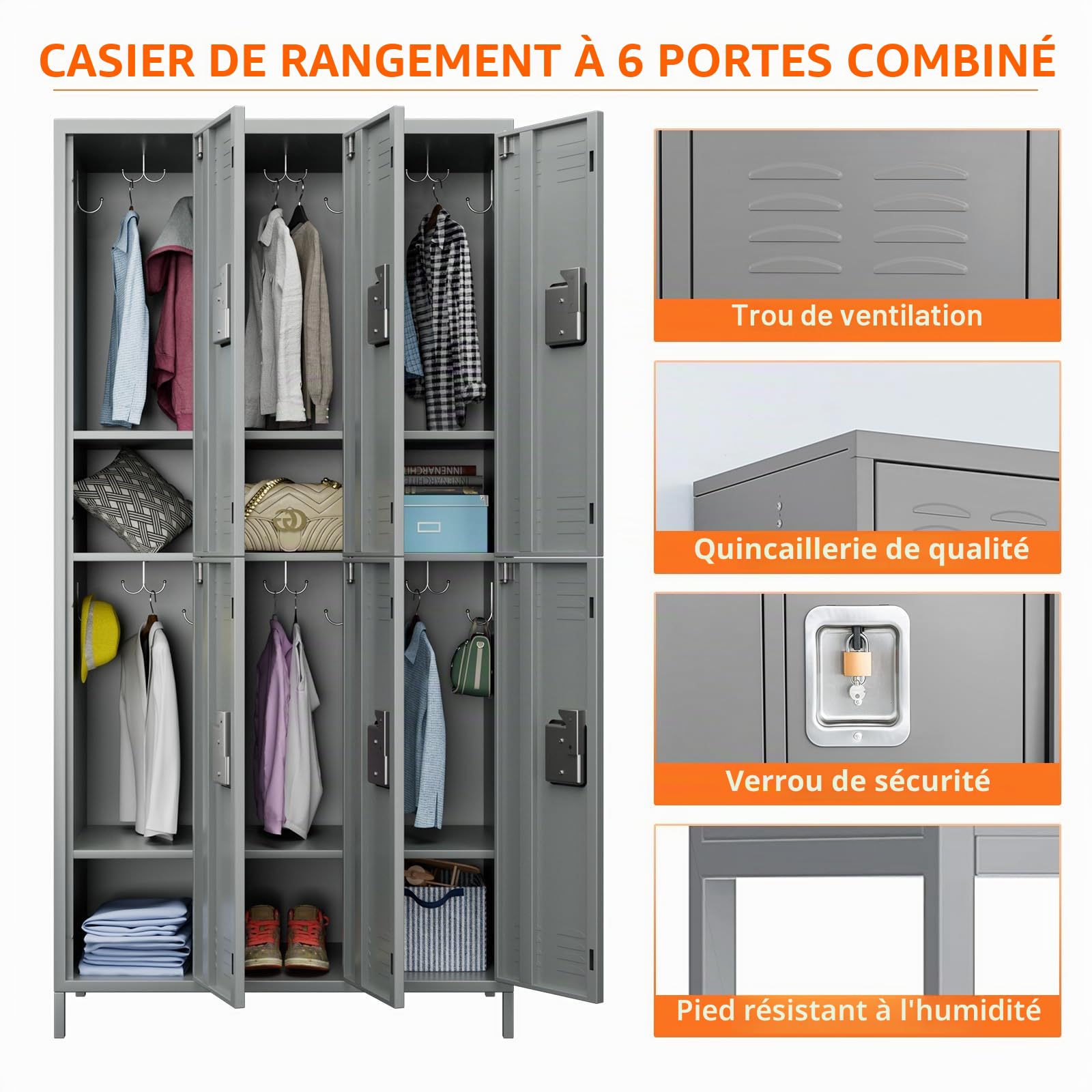 SUPEER Casier Métallique Verrouillable 6 Compartiments avec Ventilation - Armoire de Rangement Sécurisée pour Entreprises, Écoles, Salles de Sport et Bureaux - Gris Clair