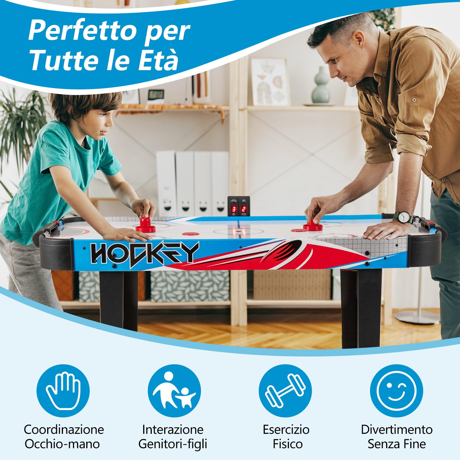 COSTWAY Tavolo da Air Hockey, con Tabellone Segnapunti LED e Motore 12V, Tavolo da Hockey ad Aria con 2 Dischi e 2 Spintori, 122 x 61 x 76 cm
