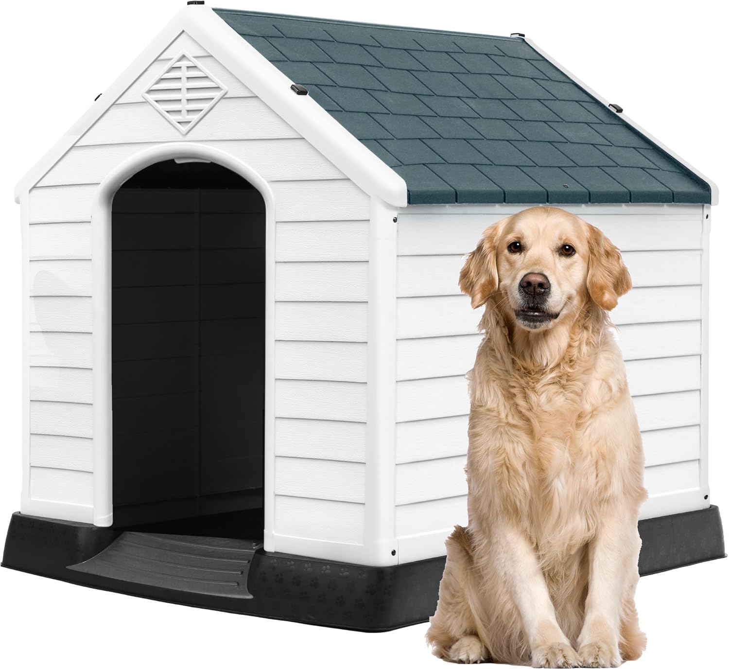DWVO Plastic Dog House, Weatherproof Outdoor/Indoor Doghouse, Puppy Kennel with Air Vents and Elevated Floor