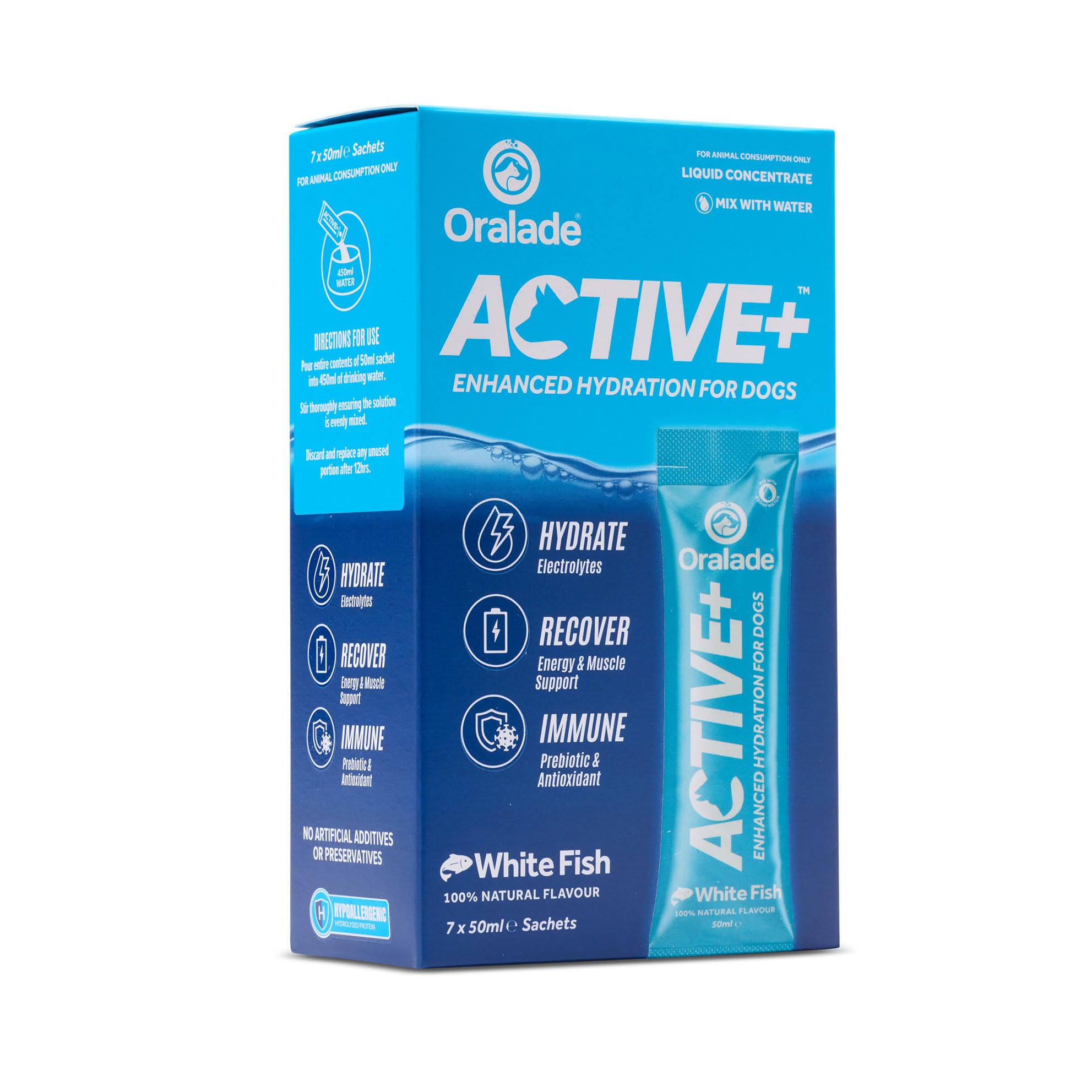 Oralade® ACTIVE+ White Fish 50ml LIQUID CONCENTRATE (LC) is a highly palatable drink that provides fast, effective hydration for dogs when they need it most.