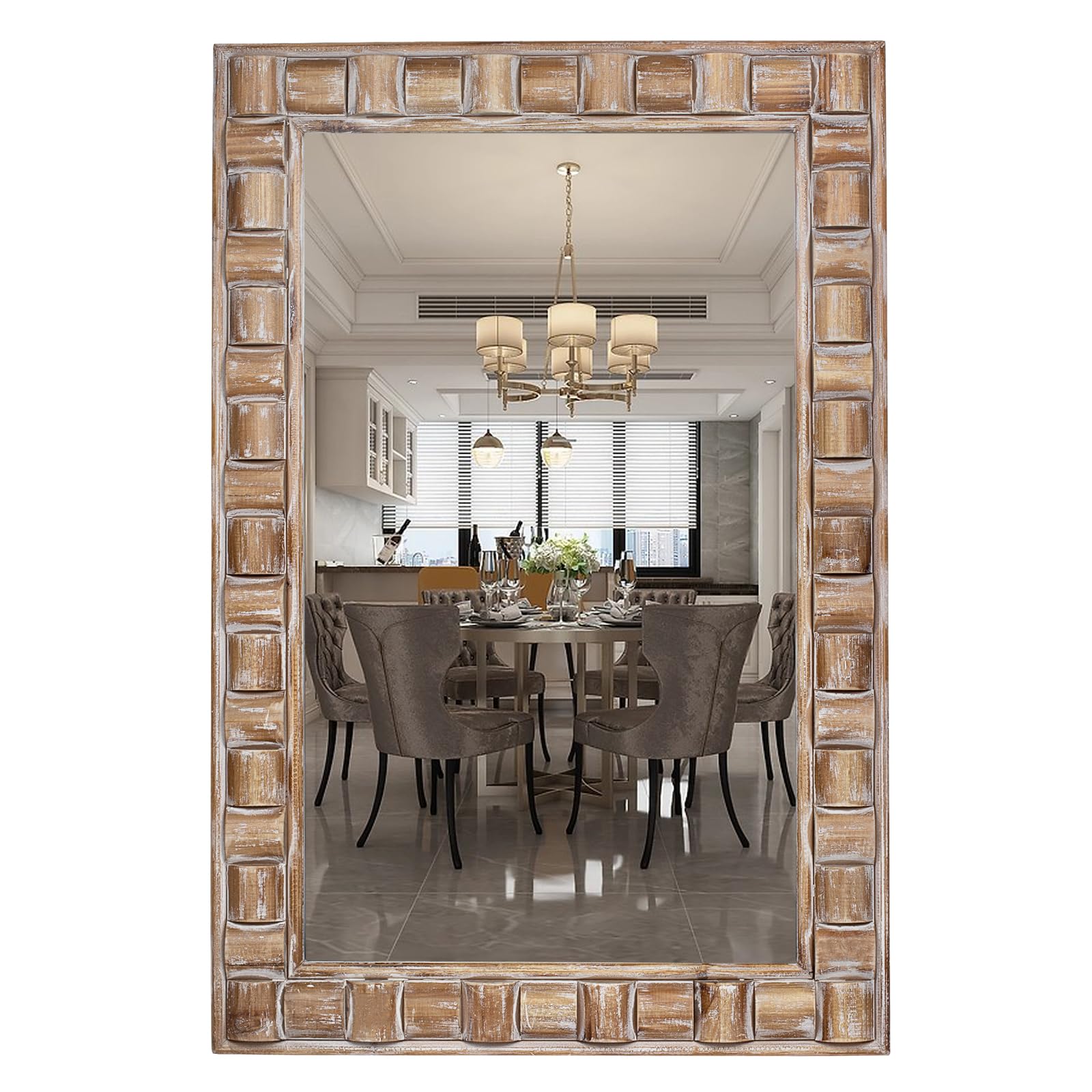 Condition photo showing New/Like New for 36x24 Inch Rustic Rectangle Wall Mirror - Solid Wood Frame Bathroom Vanity Mirror for Over Sink, Entryway, Living Room & Bedroom