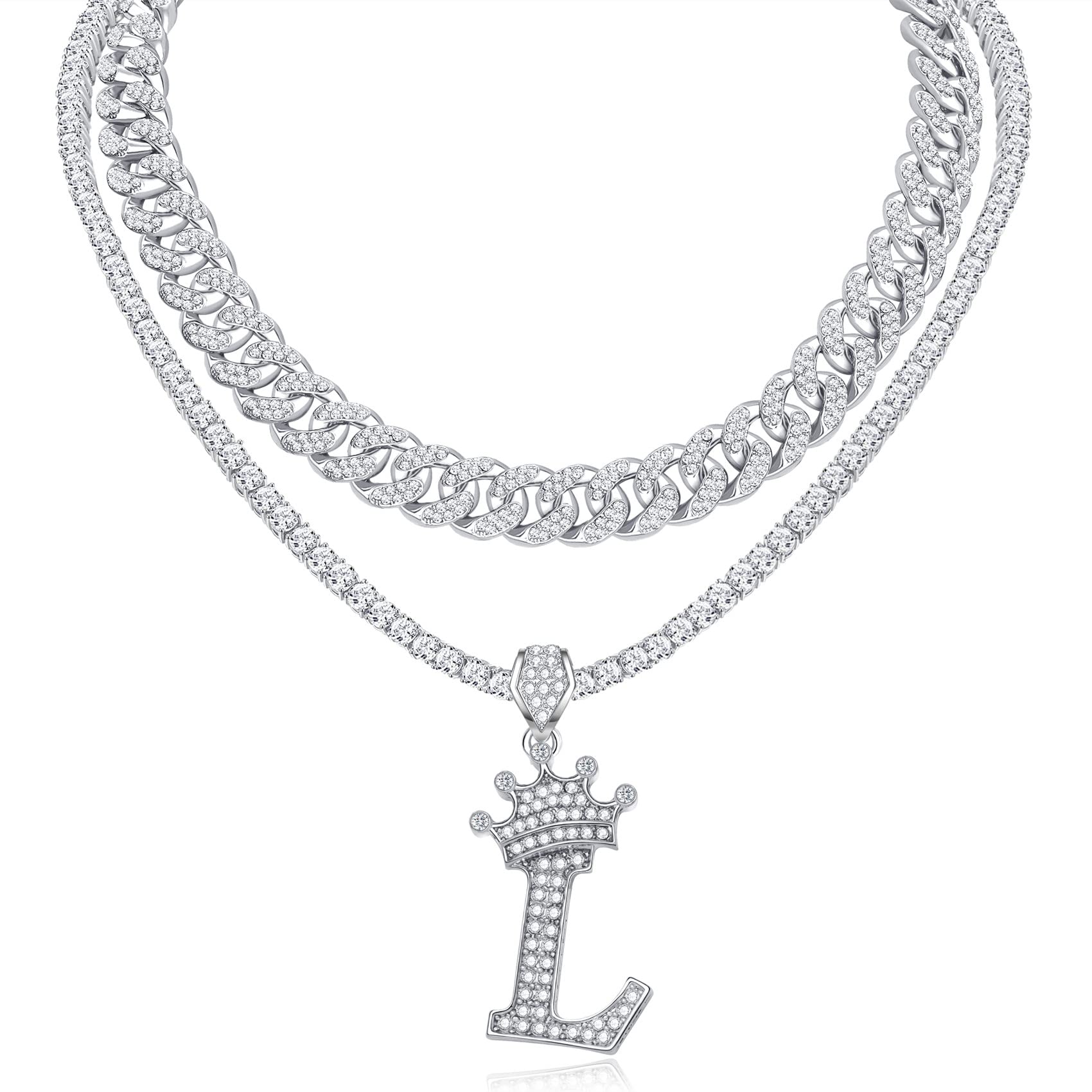 HonsnyA-Z Crown Initial Necklace for Men Women 18K Gold Plated Miami Cuban Link Chain Layered Bling Diamond Iced Out Chain Pendant Necklace Hip Hop Jewelry Gift 2PCS Chains