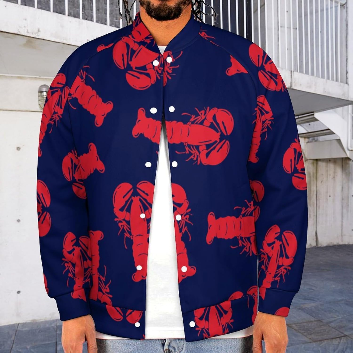 Red Lobster Men's Baseball Jacket Casual Bomber Jacket Loose Letterman Coat