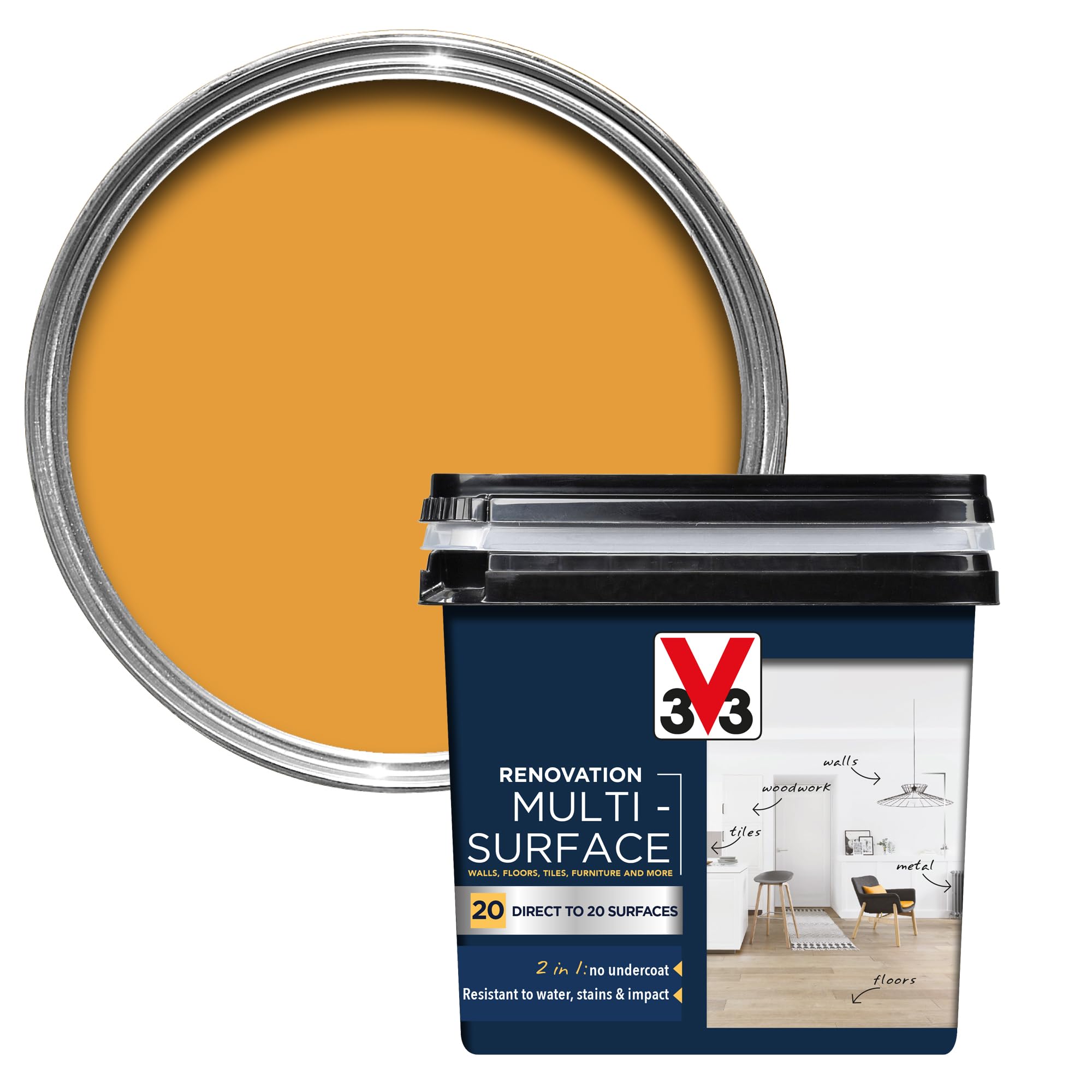 V33 Renovation Multi-Surface Paint - No Undercoat Needed - Over 20 Surfaces - Resistance to Water Stains & Impact - High Coverage - Honey Yellow Satin 750ml