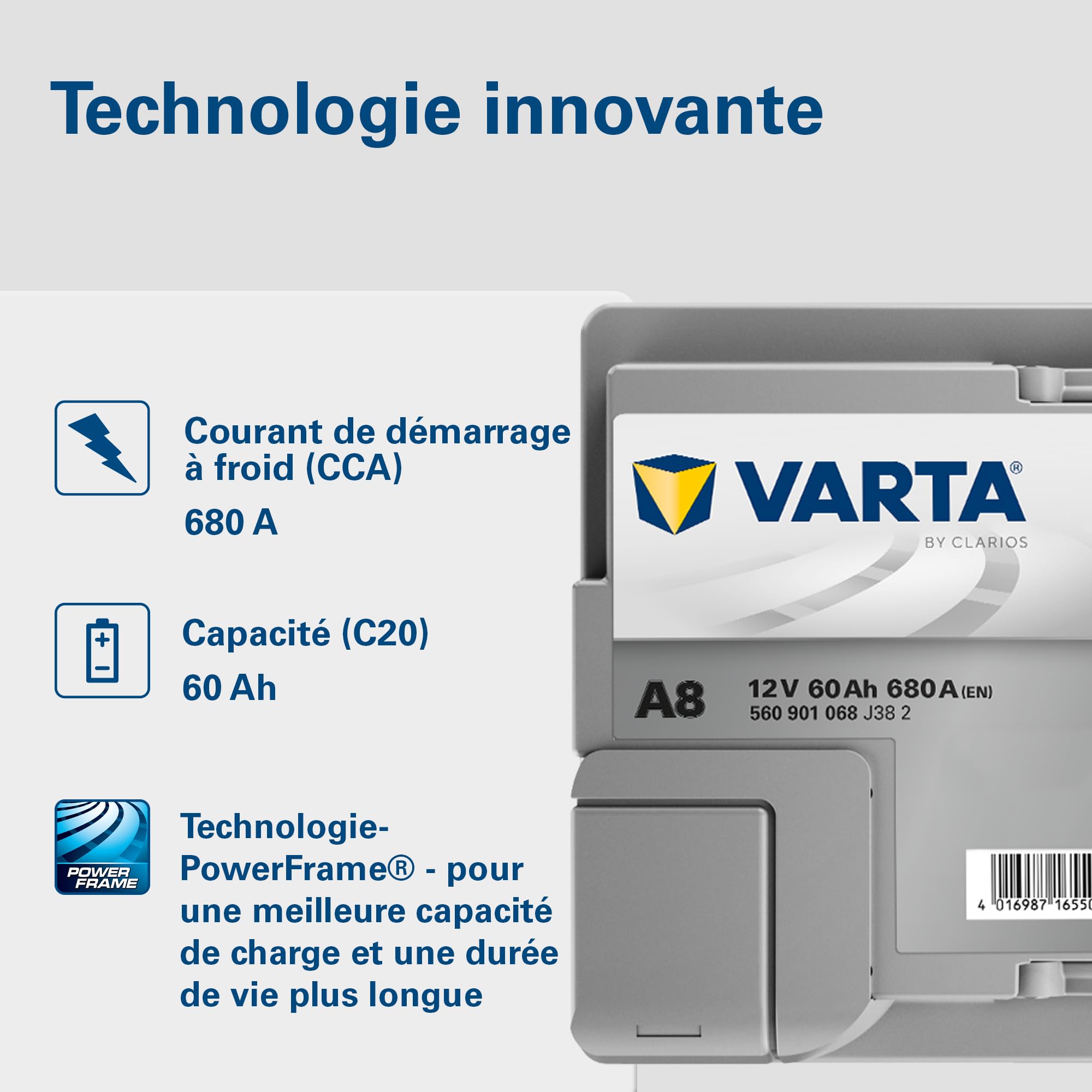 Batterie de démarrage XEV Varta Silver Dynamic AGM L2 A8 12V 60Ah / 680A 560901068