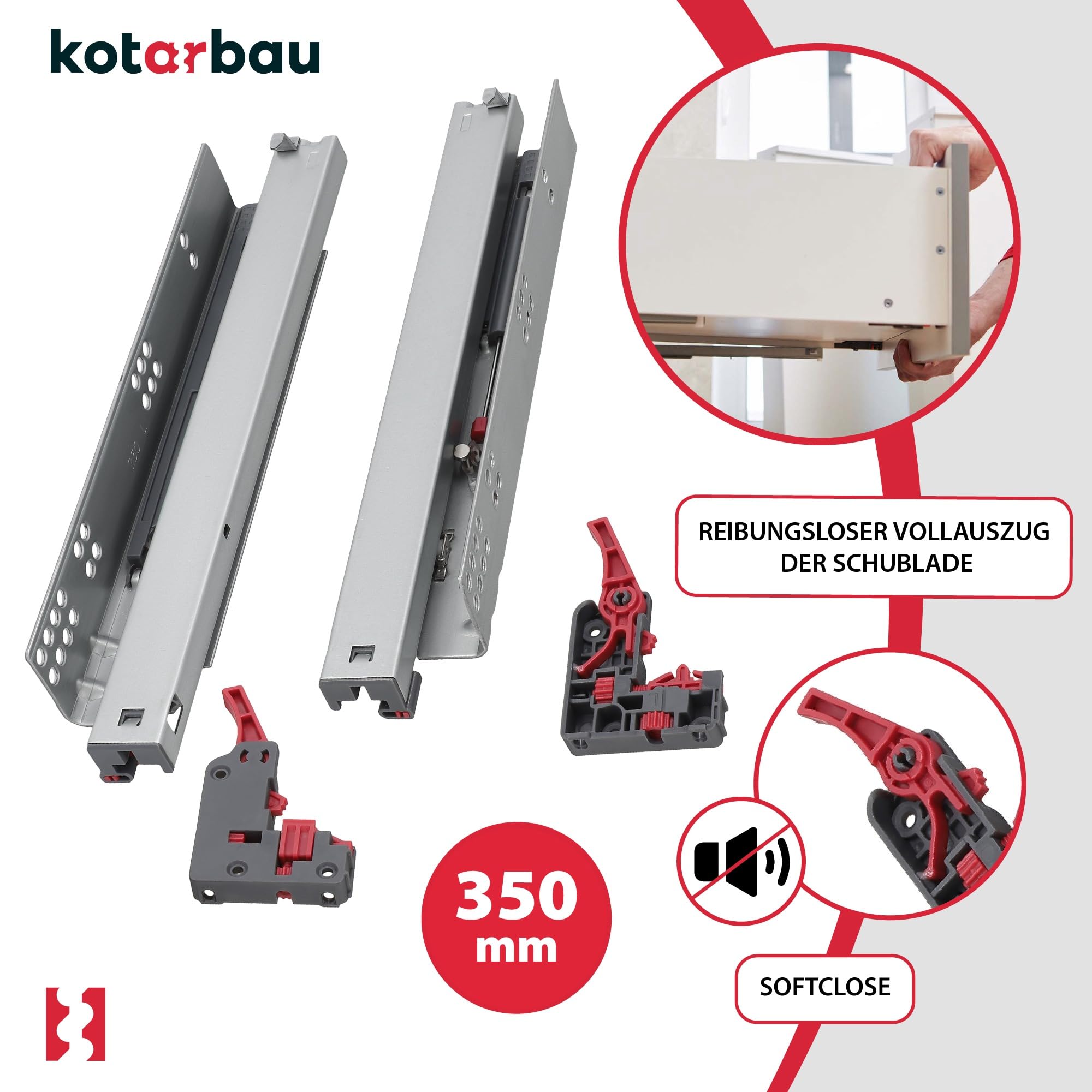 KOTARBAU® 1 par (2 unidades) rieles 3D para cajón de montaje en suelo, extensión completa, 350 mm, cierre suave, de acero, extensión completa, guías telescópicas, montaje en el suelo, extensión