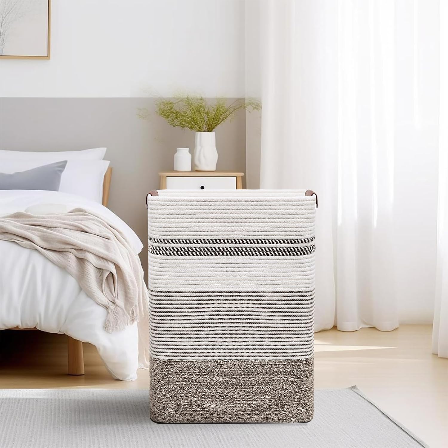 DOFASAYI Laundry Basket - 85L Large Cotton Rope Blanket Basket with Leather Handles, Decorative Storage Hamper, Clothes Hamper for Living Room, Bedroom, Rice Brown & White