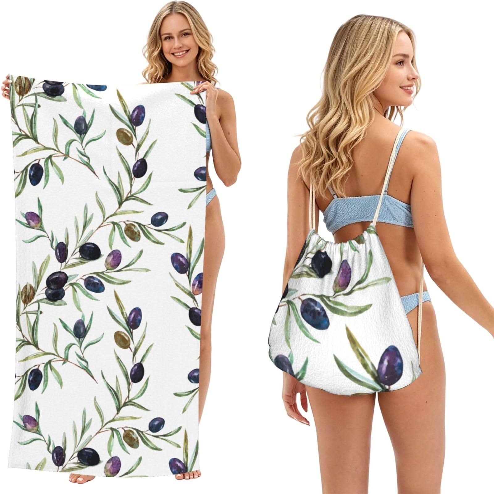 Poadnly As Picture Watercolor Olive, 2 In 1 Packable Towel Bag, Beach Towels With Drawstring Backpack For Travel Holiday Camping