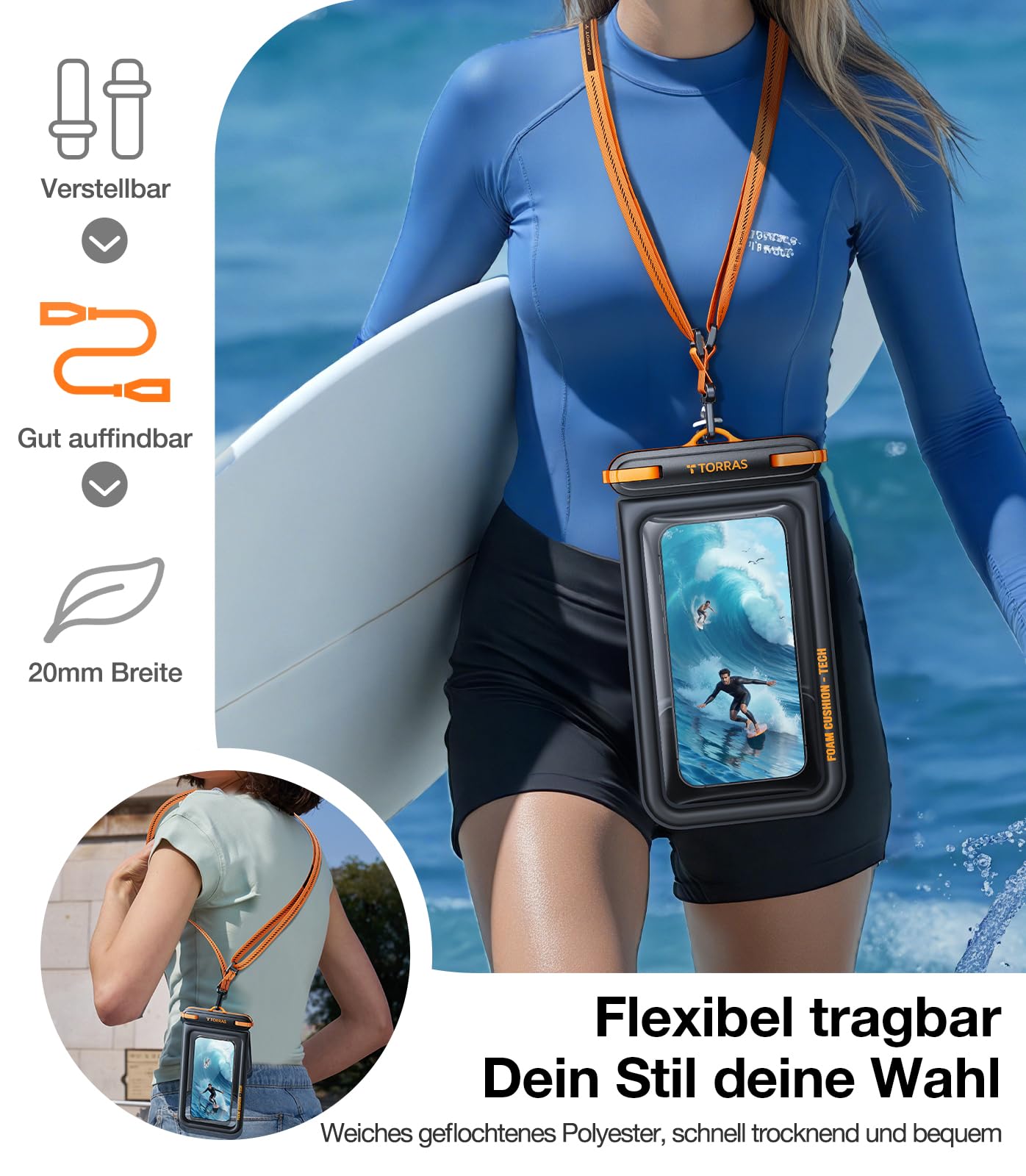TORRAS IP68 wasserdichte Handyhülle [Doppelte Taschen], Unterwasser Handyhülle Wasserfeste Handytasche, 500g Maximaler Auftrieb, Ideal für Tiefsee-Tauchen, Schwimmen, SUP und Segeln, 7,9 Zoll,Schwarz